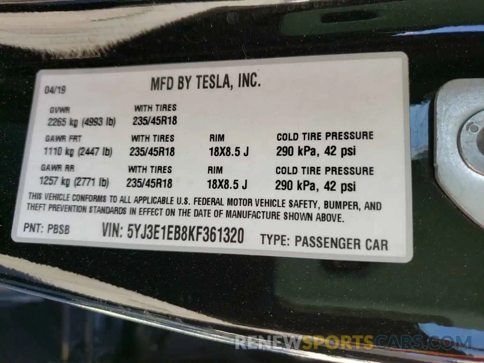 10 Photograph of a damaged car 5YJ3E1EB8KF361320 TESLA MODEL 3 2019