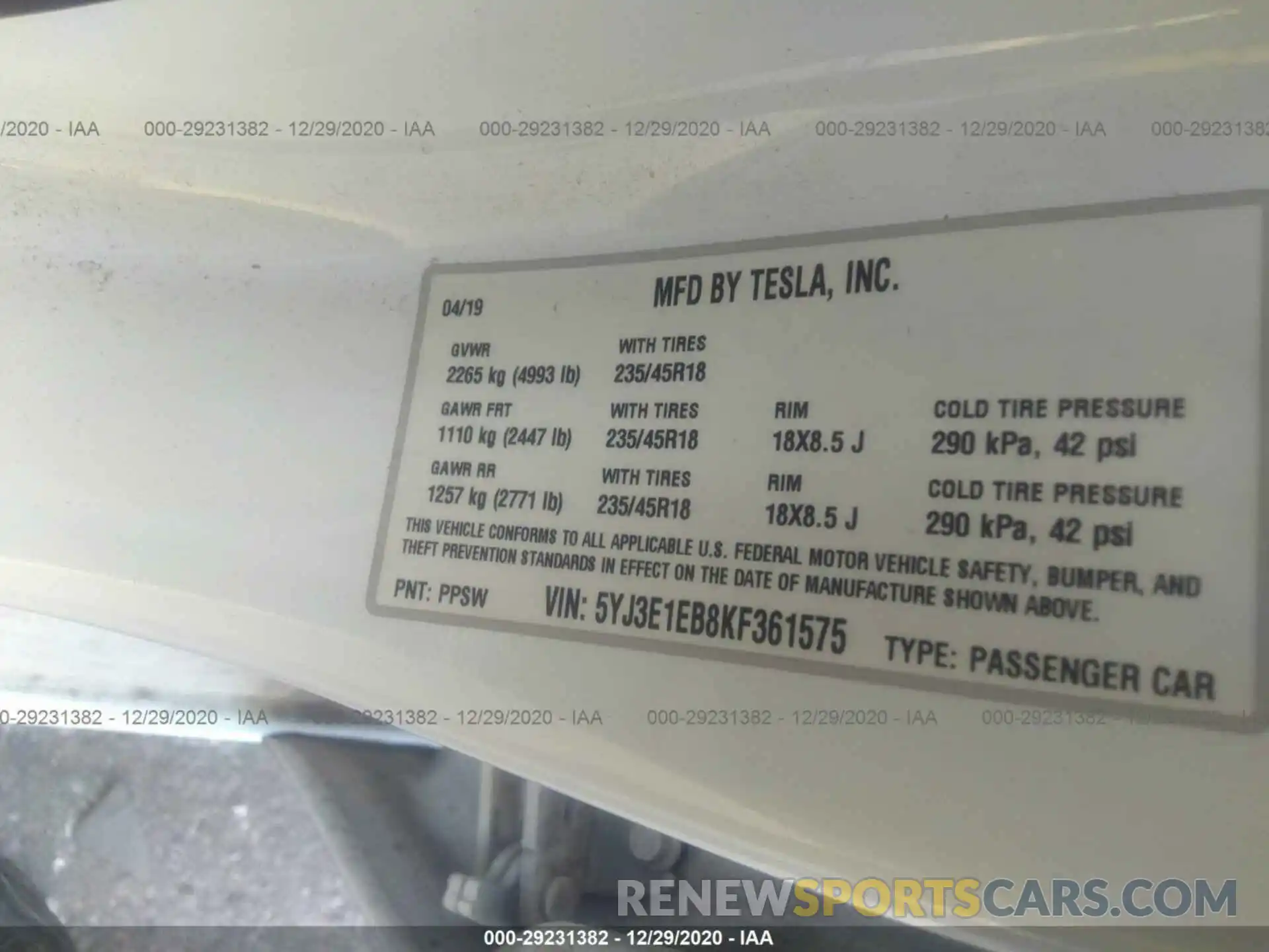 9 Photograph of a damaged car 5YJ3E1EB8KF361575 TESLA MODEL 3 2019