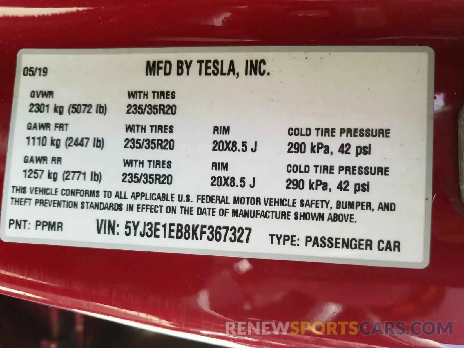 10 Photograph of a damaged car 5YJ3E1EB8KF367327 TESLA MODEL 3 2019