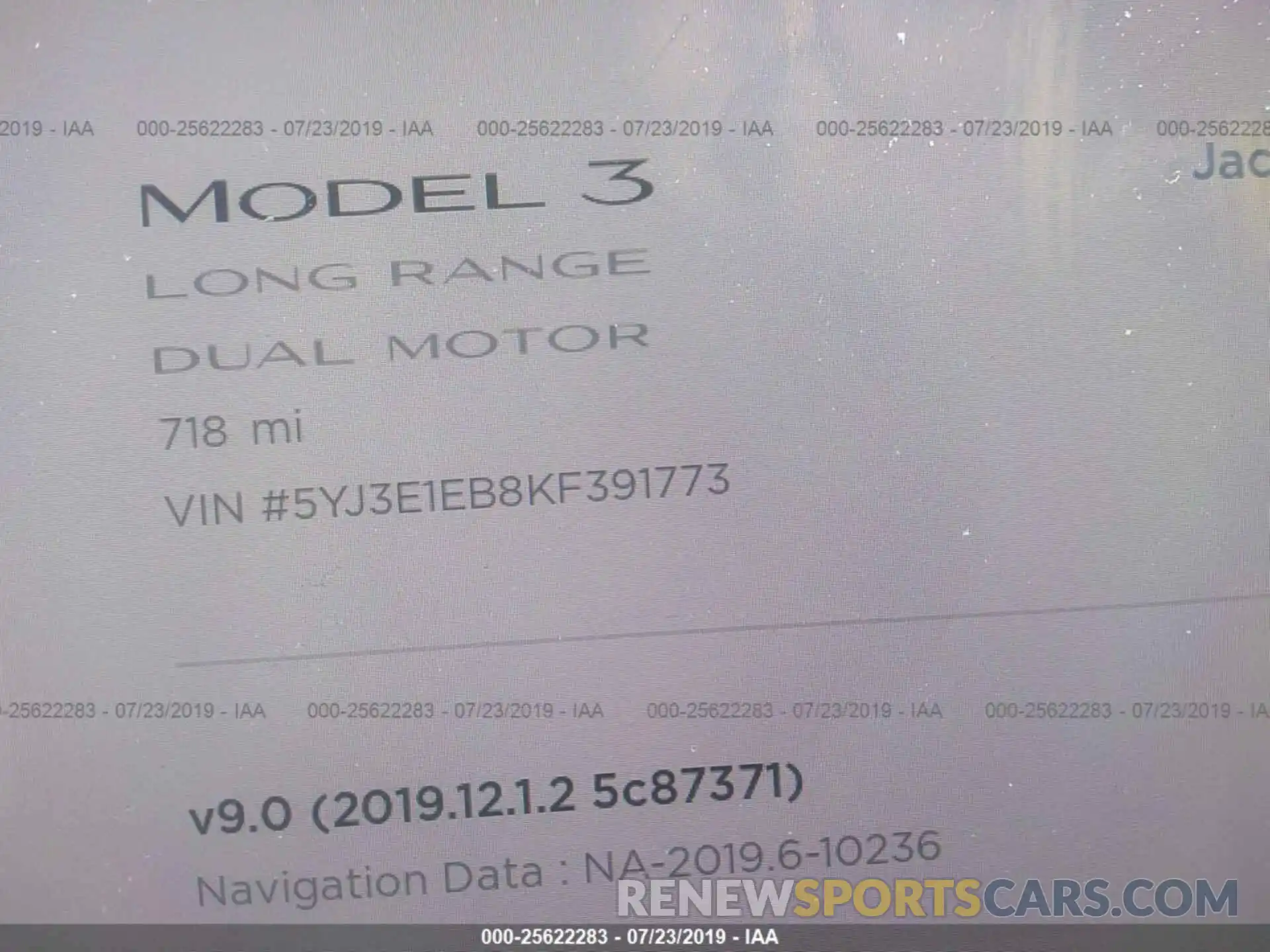 7 Photograph of a damaged car 5YJ3E1EB8KF391773 TESLA MODEL 3 2019