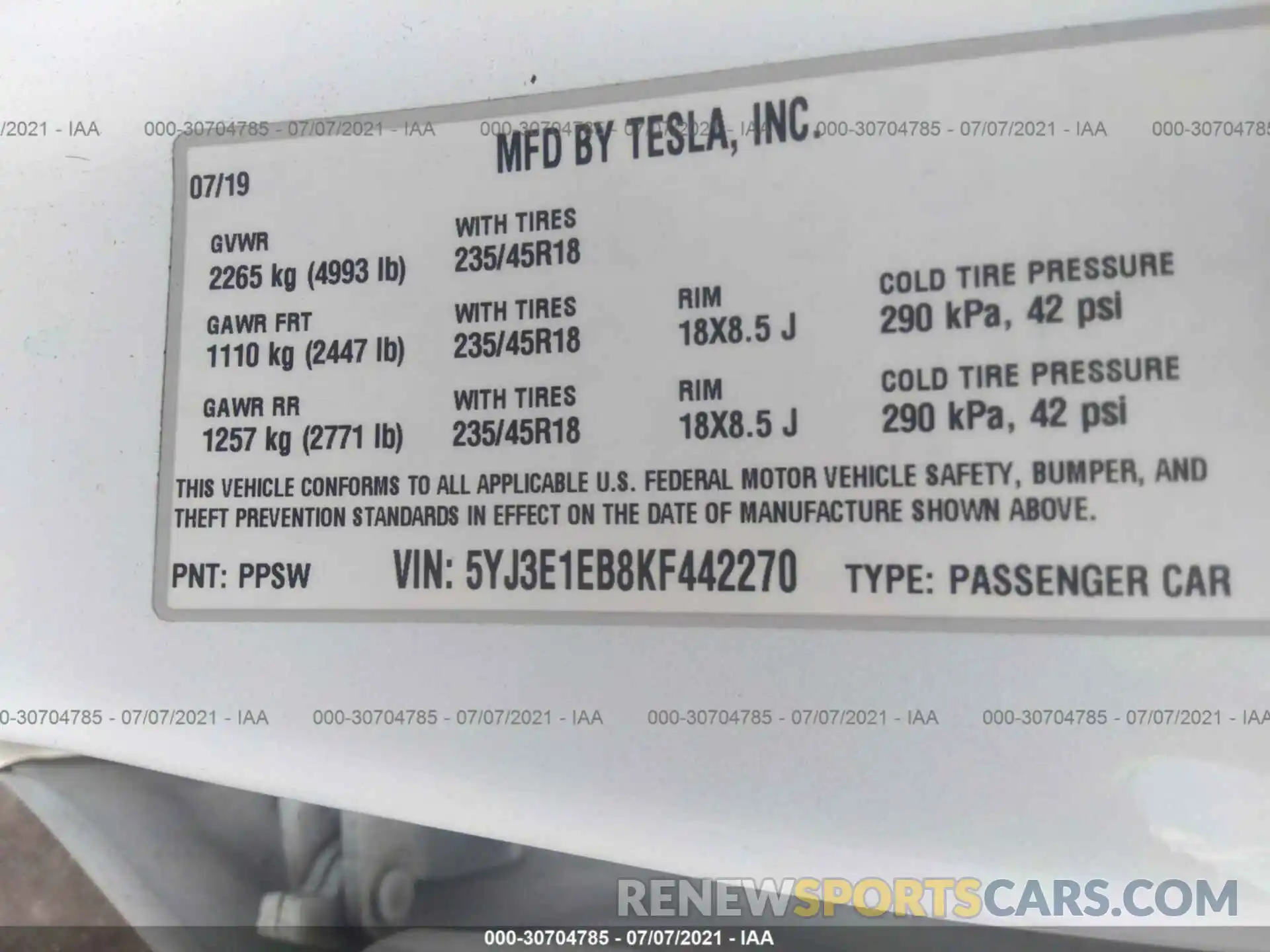 9 Photograph of a damaged car 5YJ3E1EB8KF442270 TESLA MODEL 3 2019