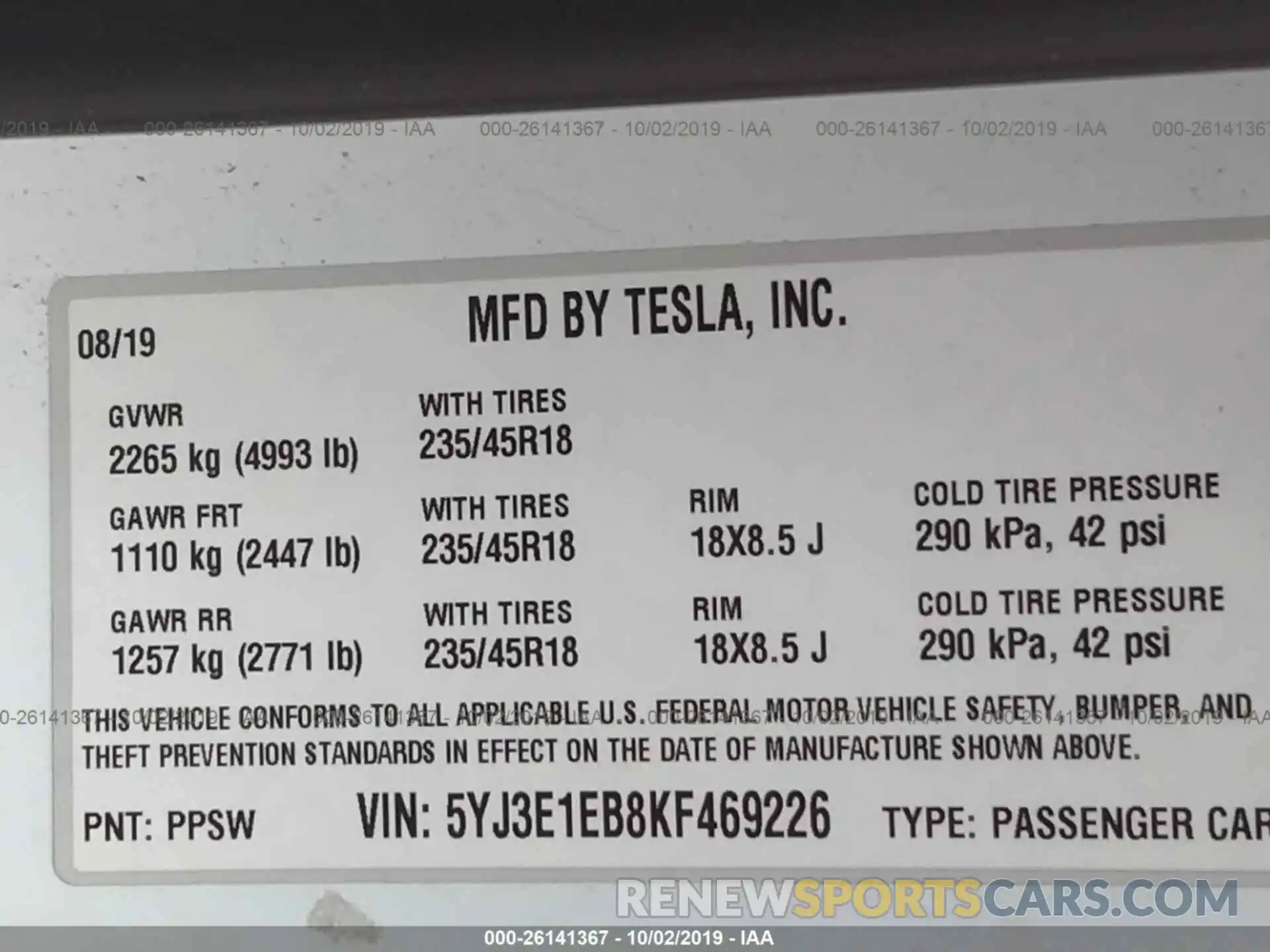 9 Фотография поврежденного автомобиля 5YJ3E1EB8KF469226 TESLA MODEL 3 2019