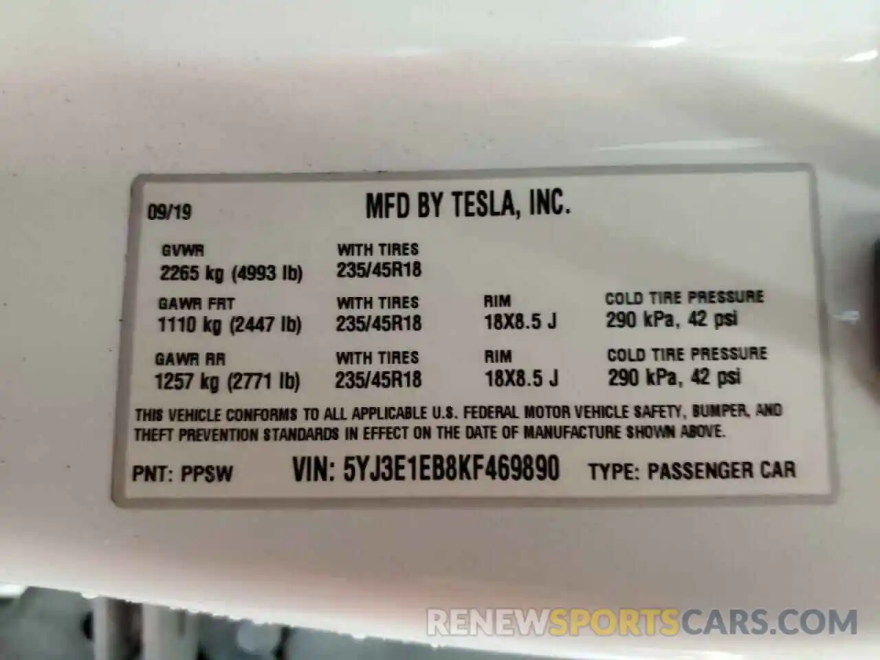 10 Photograph of a damaged car 5YJ3E1EB8KF469890 TESLA MODEL 3 2019