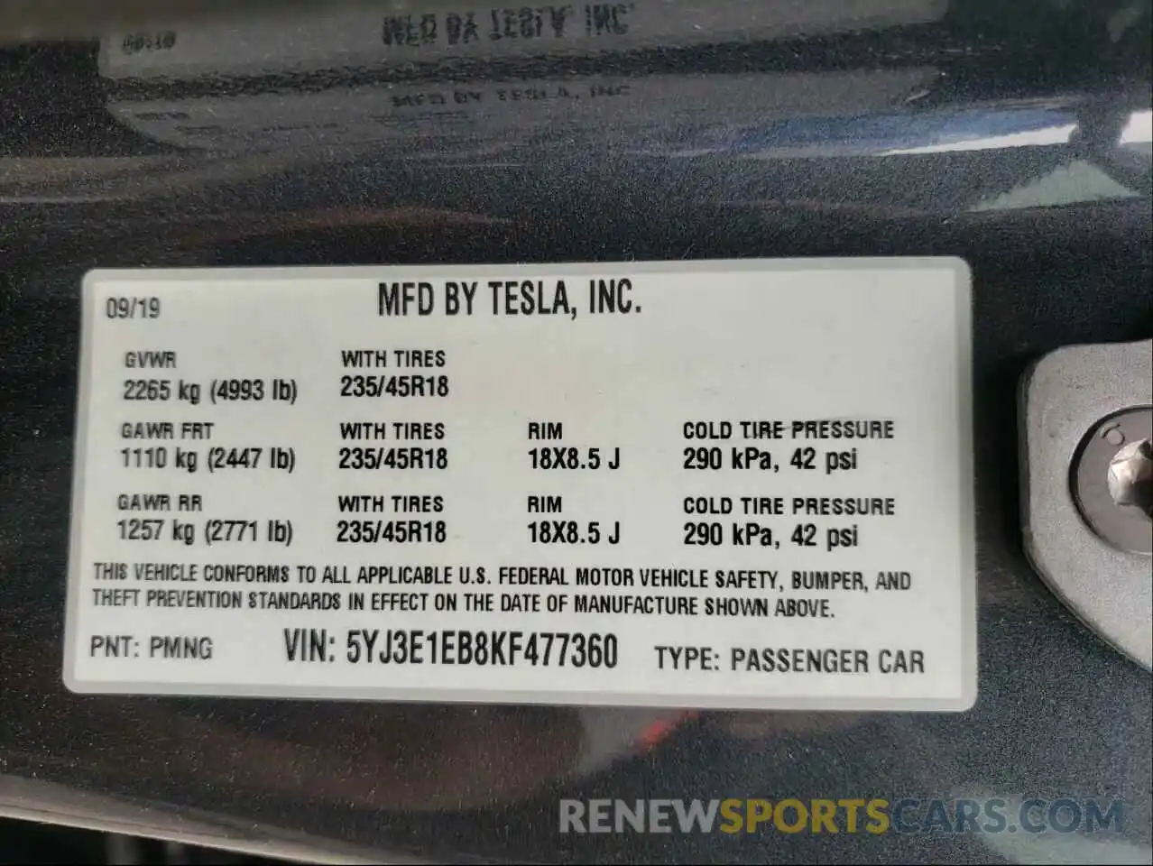 10 Photograph of a damaged car 5YJ3E1EB8KF477360 TESLA MODEL 3 2019