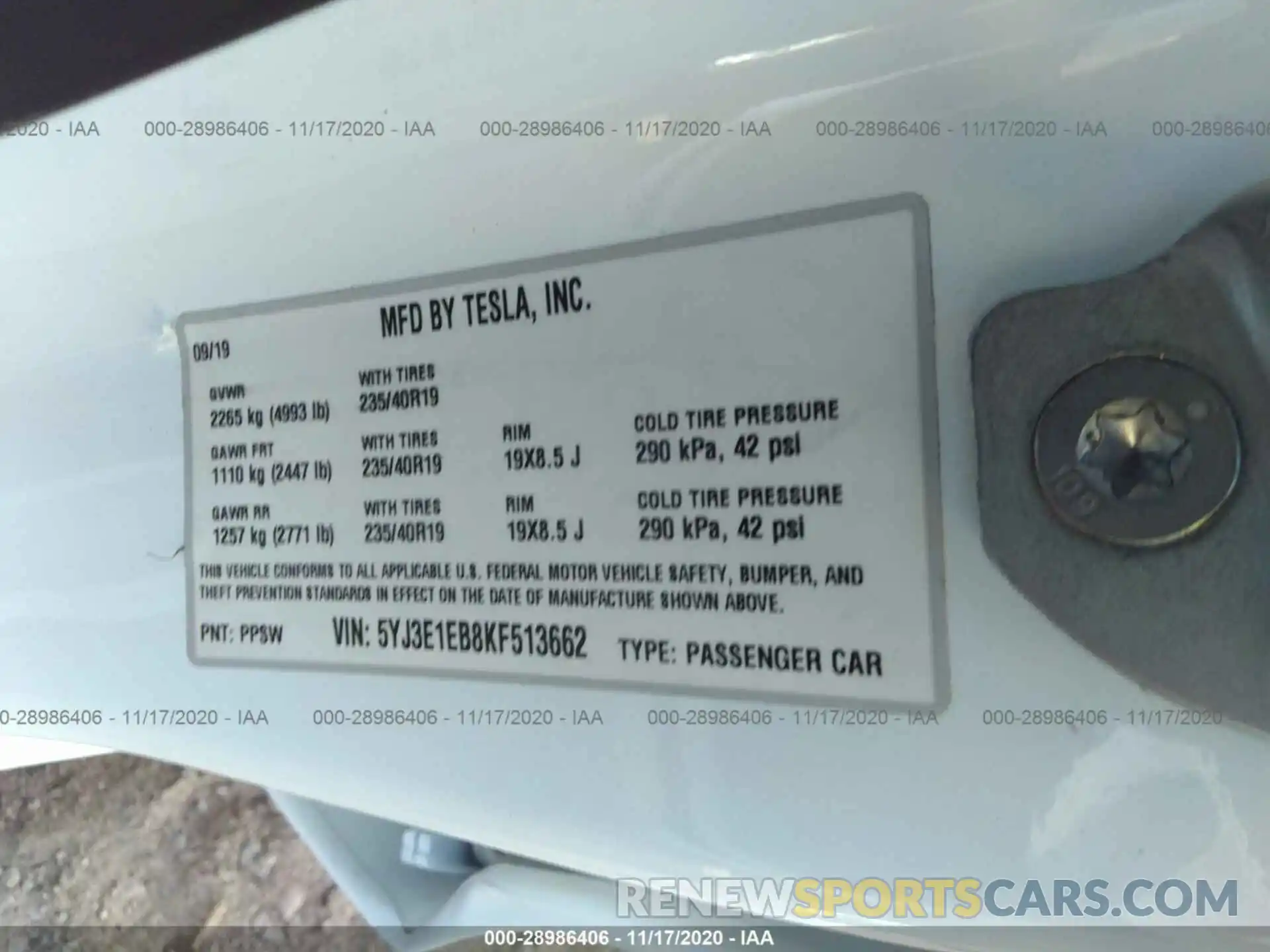 9 Photograph of a damaged car 5YJ3E1EB8KF513662 TESLA MODEL 3 2019