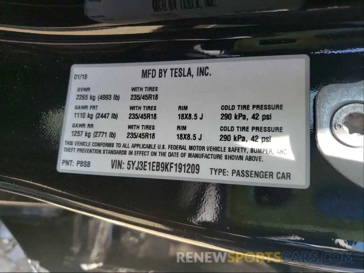 10 Photograph of a damaged car 5YJ3E1EB9KF191209 TESLA MODEL 3 2019