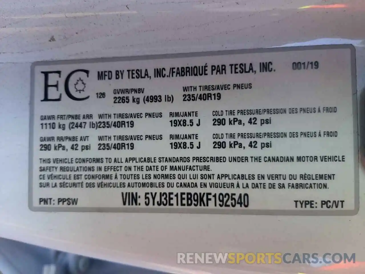 10 Photograph of a damaged car 5YJ3E1EB9KF192540 TESLA MODEL 3 2019