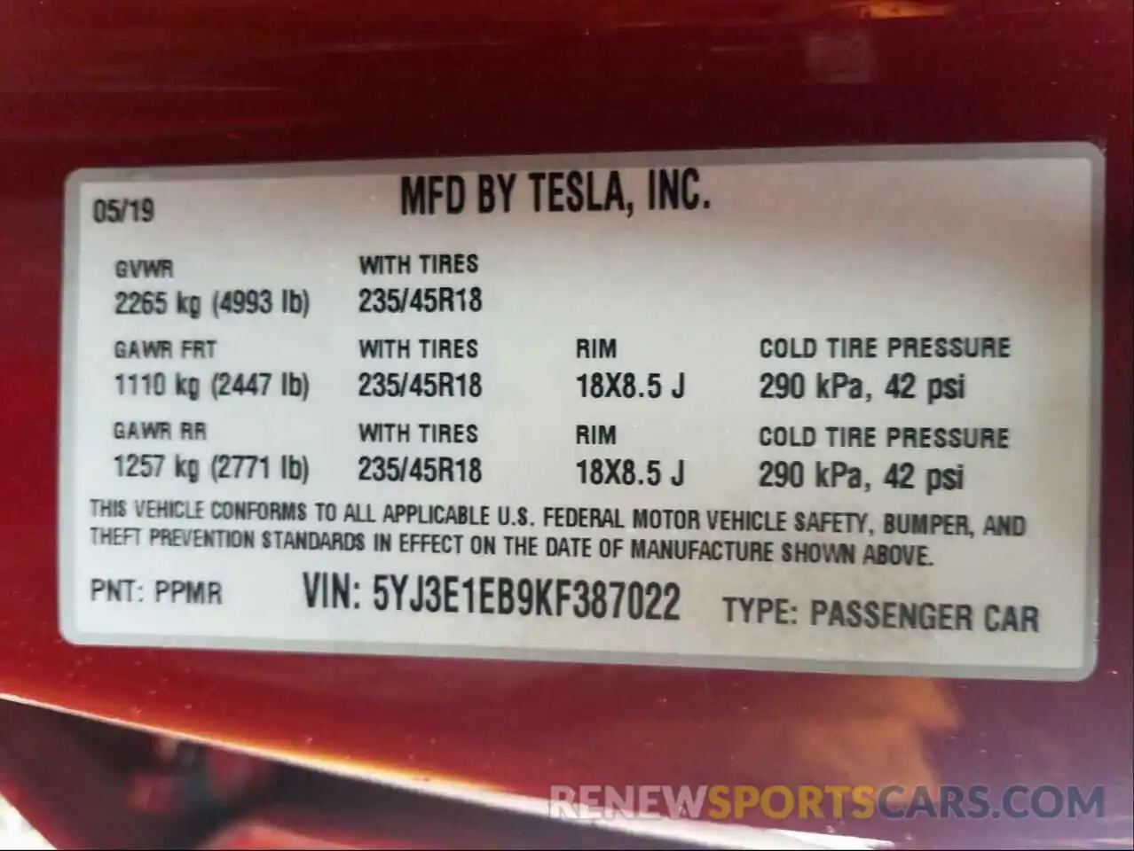 10 Photograph of a damaged car 5YJ3E1EB9KF387022 TESLA MODEL 3 2019