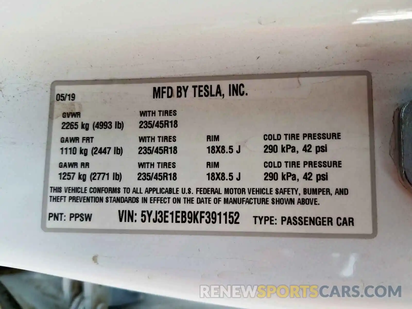 10 Photograph of a damaged car 5YJ3E1EB9KF391152 TESLA MODEL 3 2019