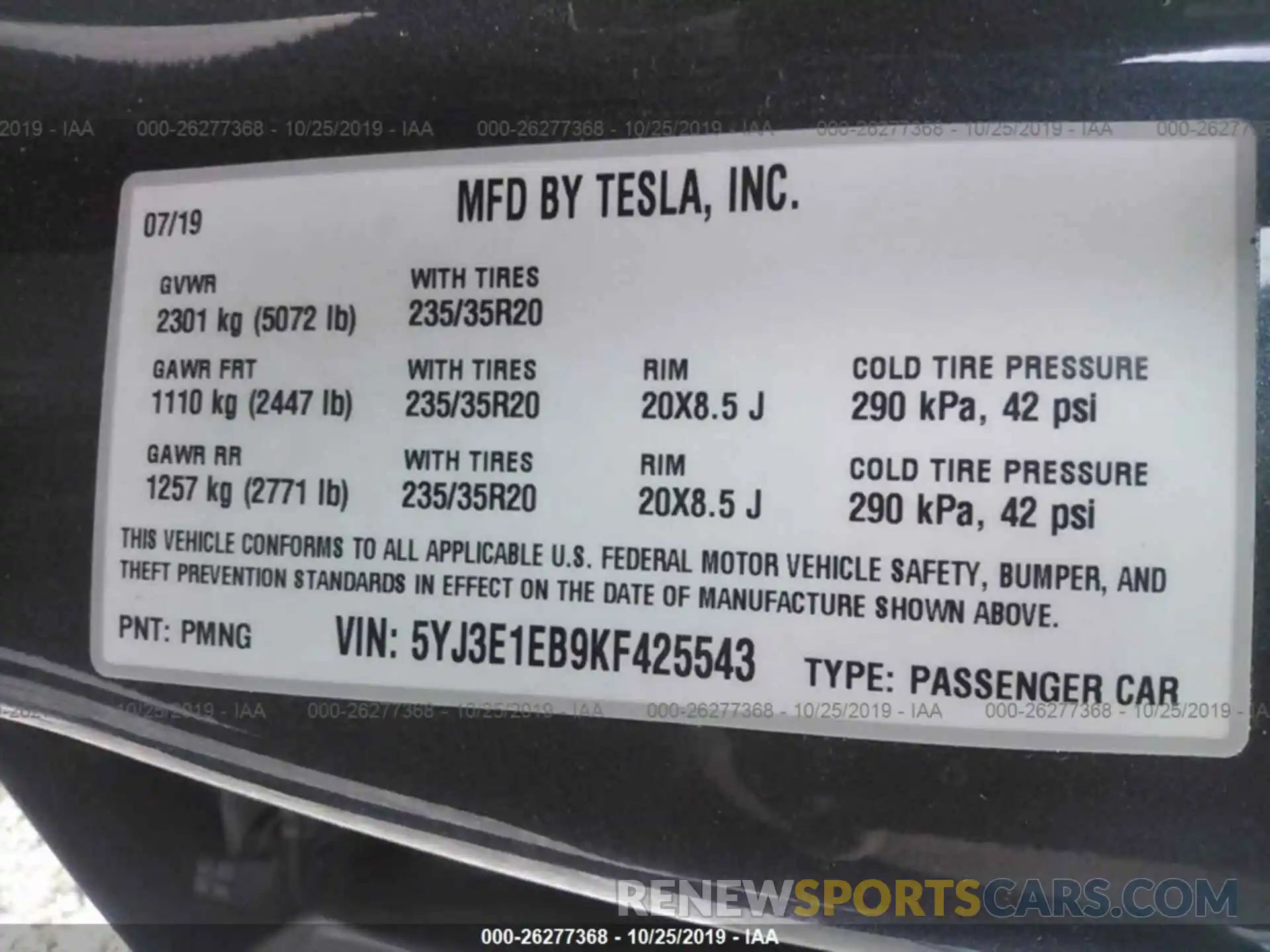 9 Photograph of a damaged car 5YJ3E1EB9KF425543 TESLA MODEL 3 2019