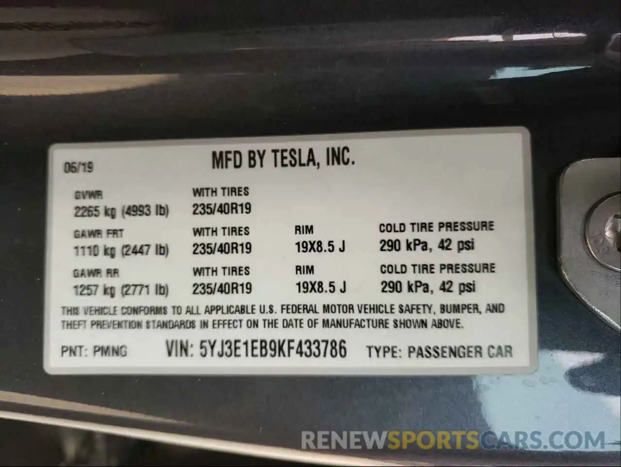 10 Photograph of a damaged car 5YJ3E1EB9KF433786 TESLA MODEL 3 2019