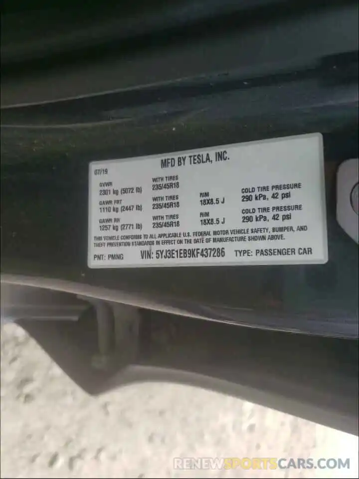 10 Photograph of a damaged car 5YJ3E1EB9KF437286 TESLA MODEL 3 2019