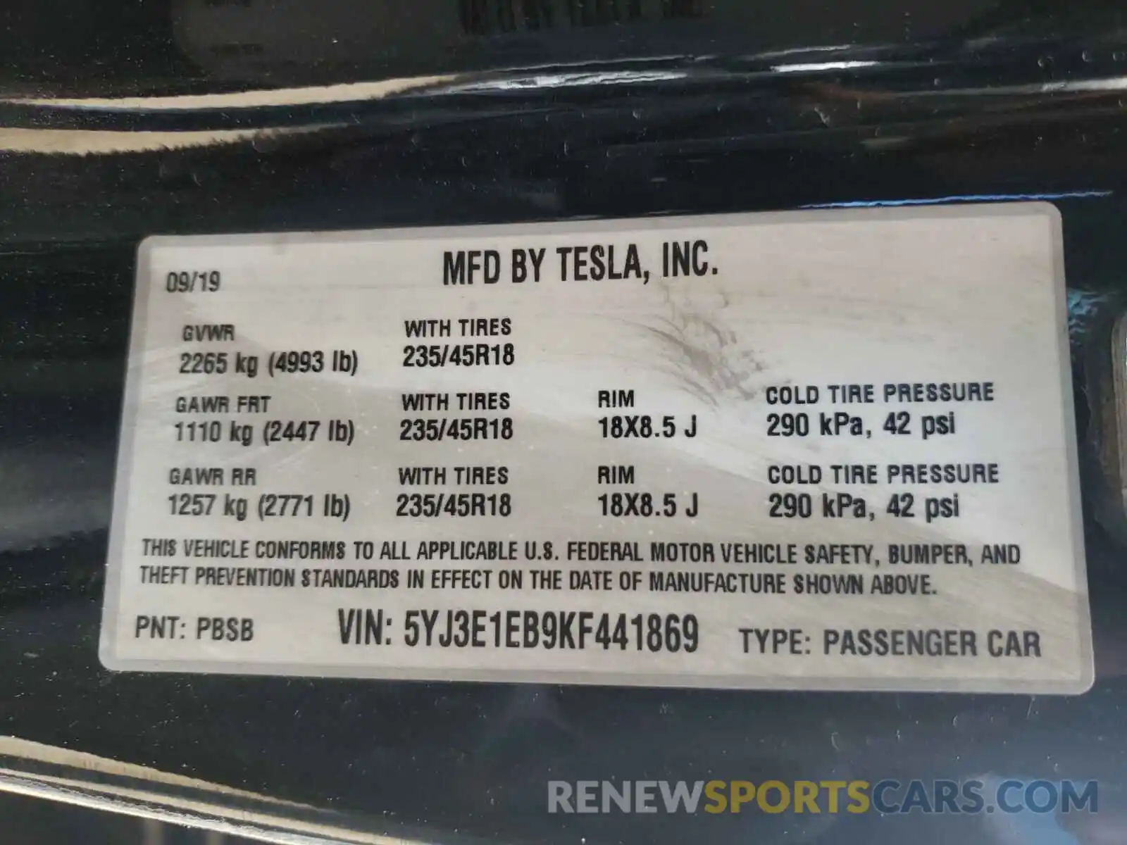 10 Photograph of a damaged car 5YJ3E1EB9KF441869 TESLA MODEL 3 2019