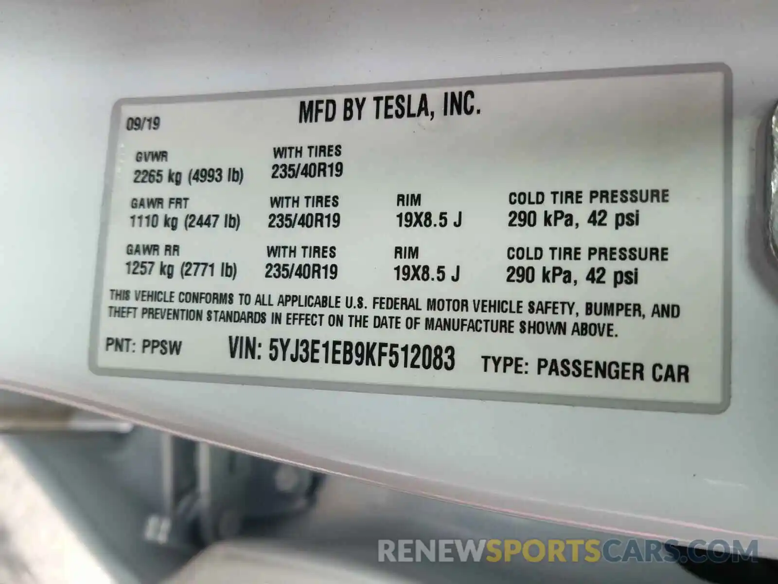 10 Фотография поврежденного автомобиля 5YJ3E1EB9KF512083 TESLA MODEL 3 2019