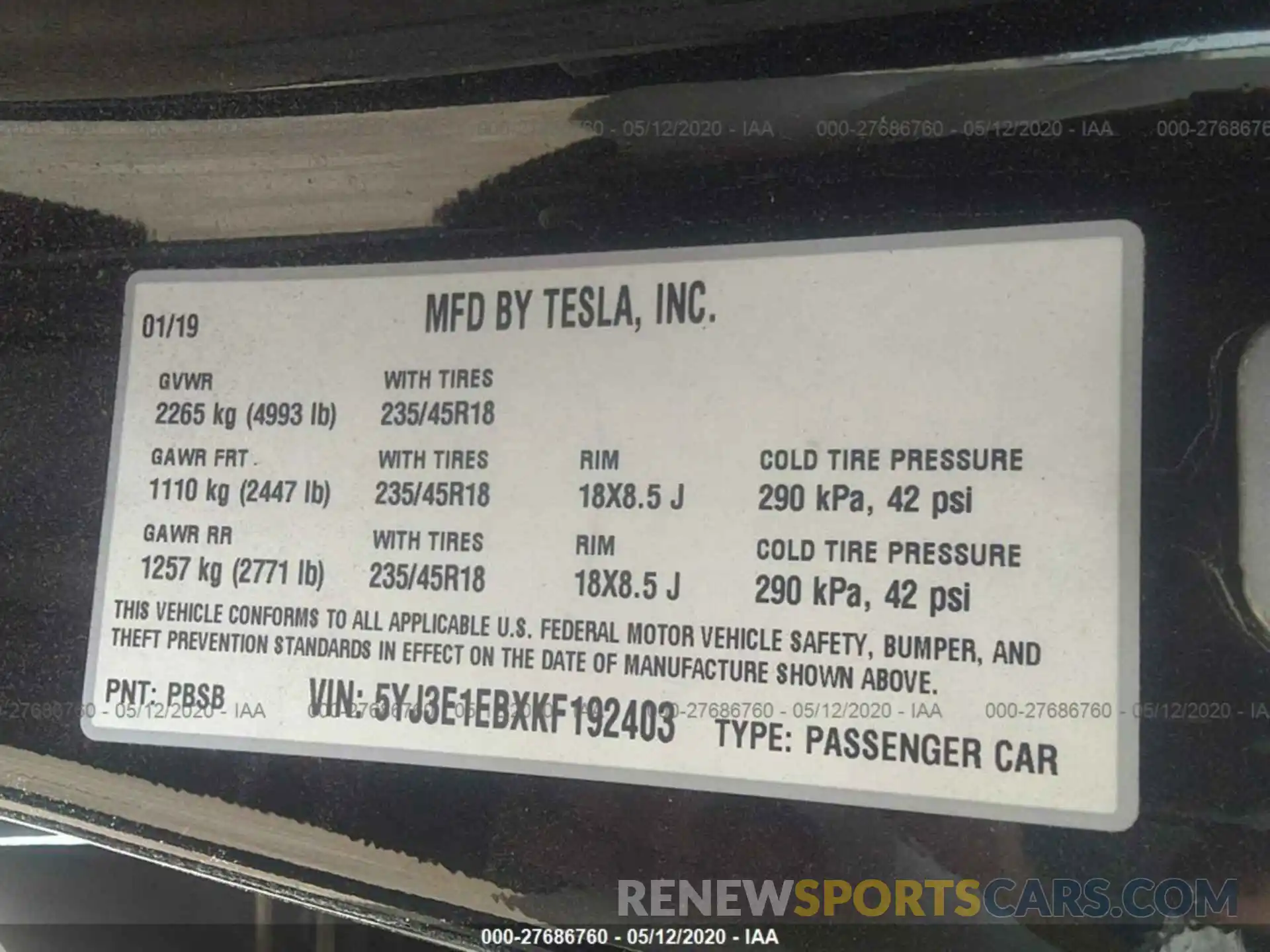 9 Фотография поврежденного автомобиля 5YJ3E1EBXKF192403 TESLA MODEL 3 2019