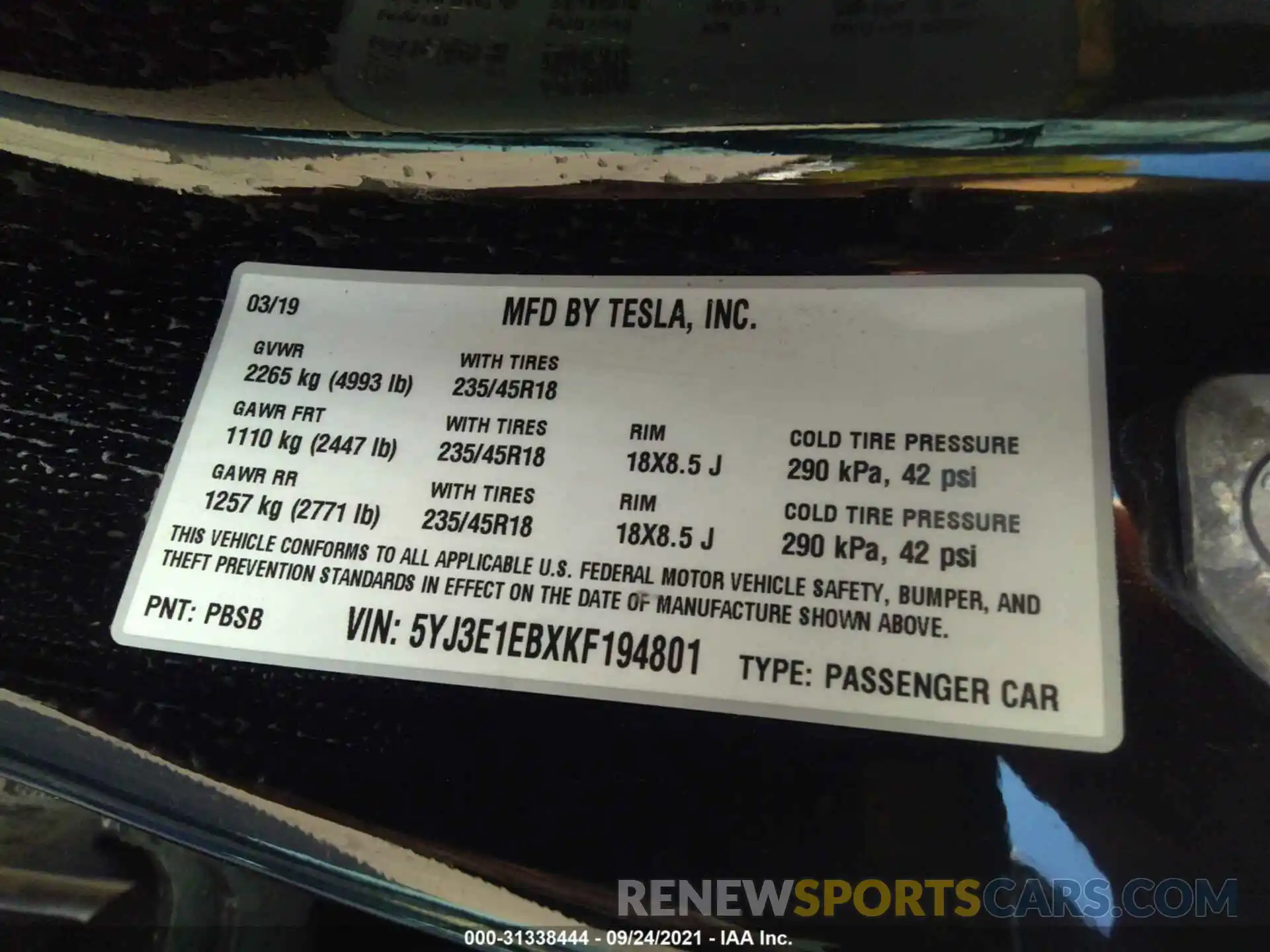 9 Photograph of a damaged car 5YJ3E1EBXKF194801 TESLA MODEL 3 2019