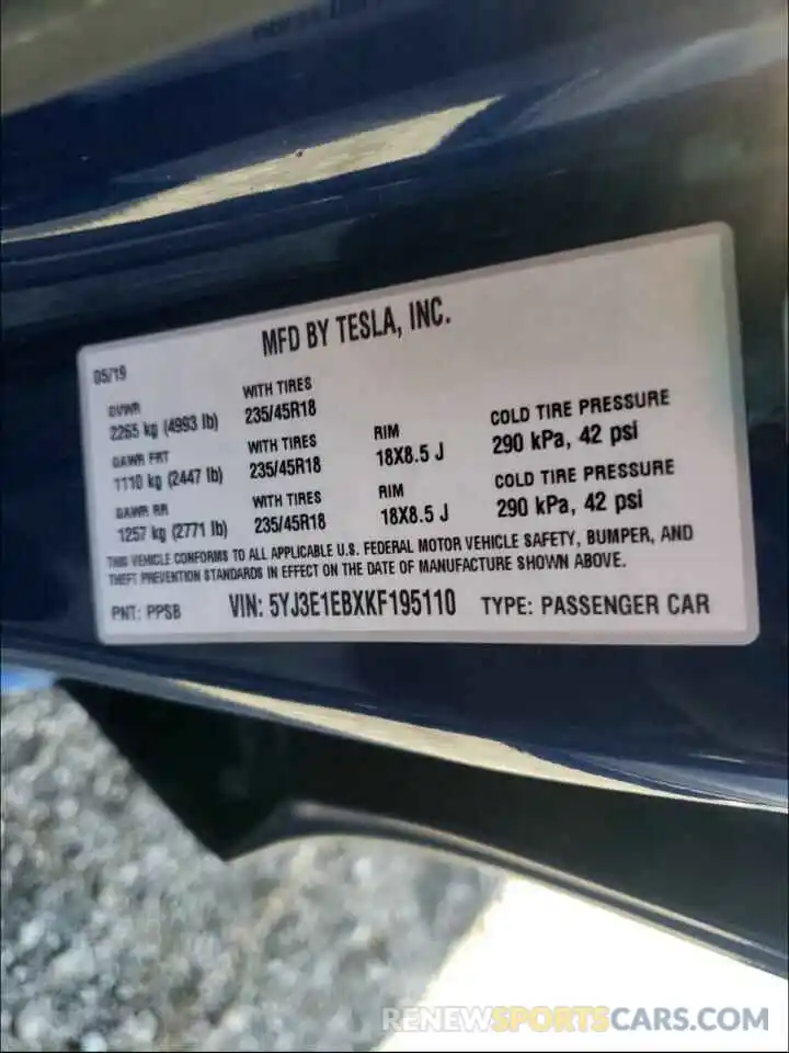 10 Photograph of a damaged car 5YJ3E1EBXKF195110 TESLA MODEL 3 2019