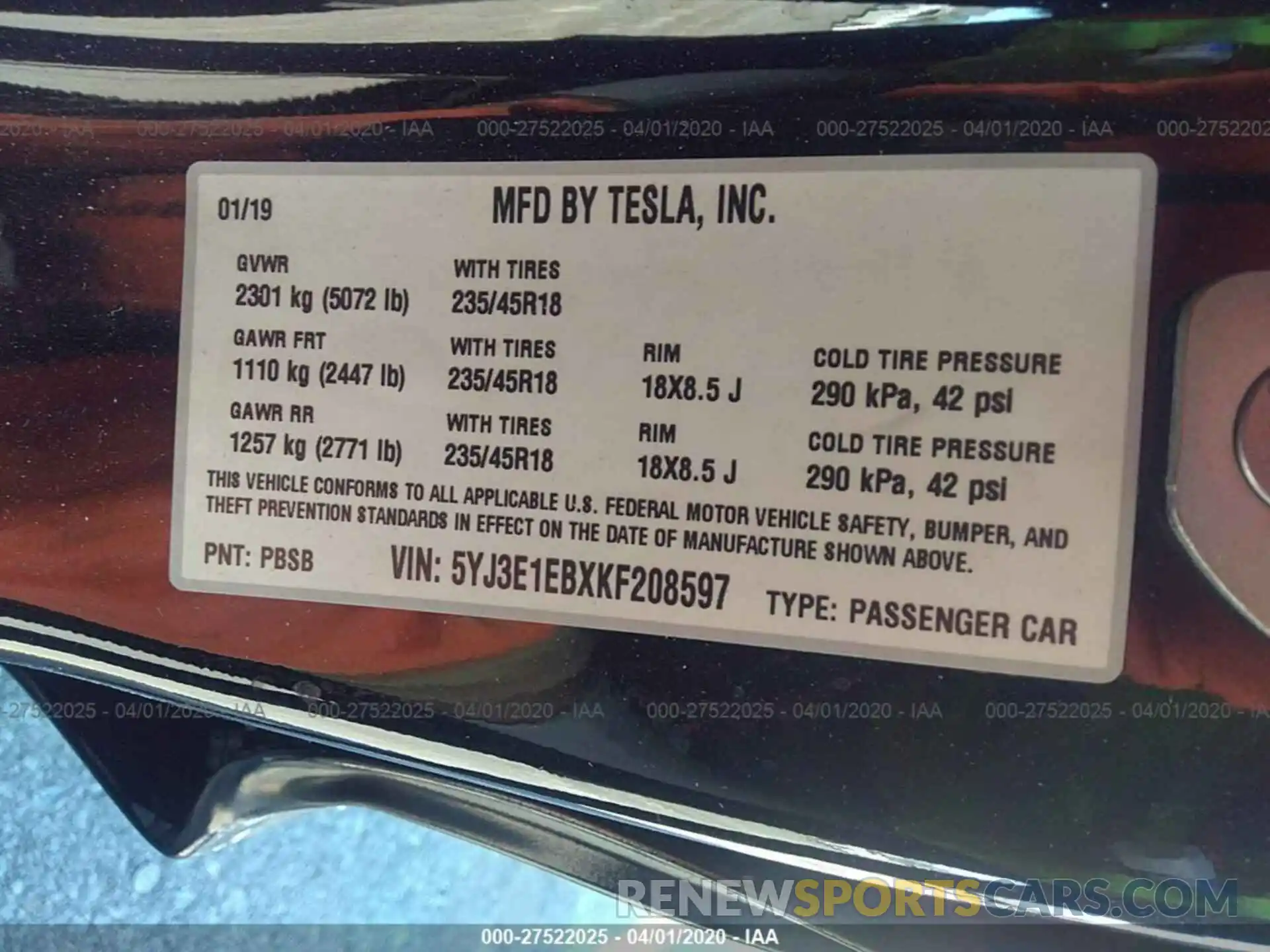 9 Фотография поврежденного автомобиля 5YJ3E1EBXKF208597 TESLA MODEL 3 2019