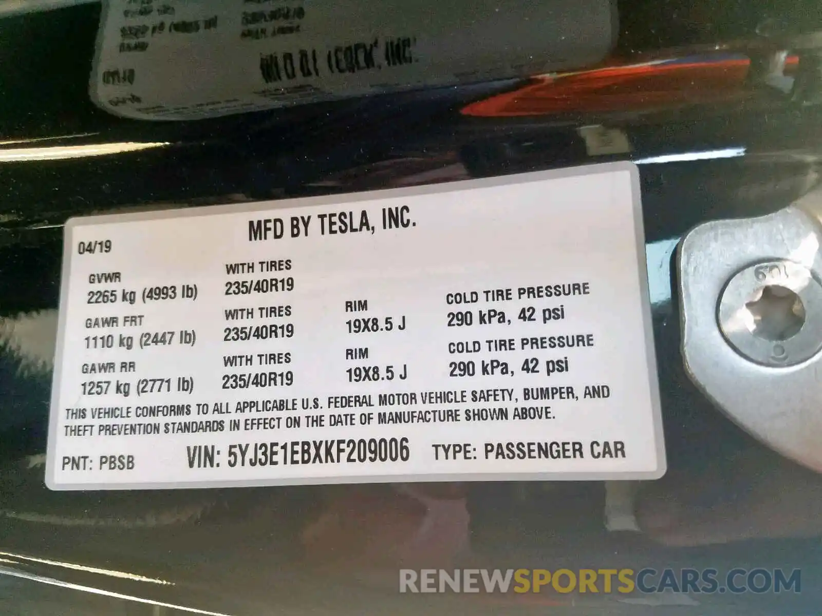 10 Photograph of a damaged car 5YJ3E1EBXKF209006 TESLA MODEL 3 2019