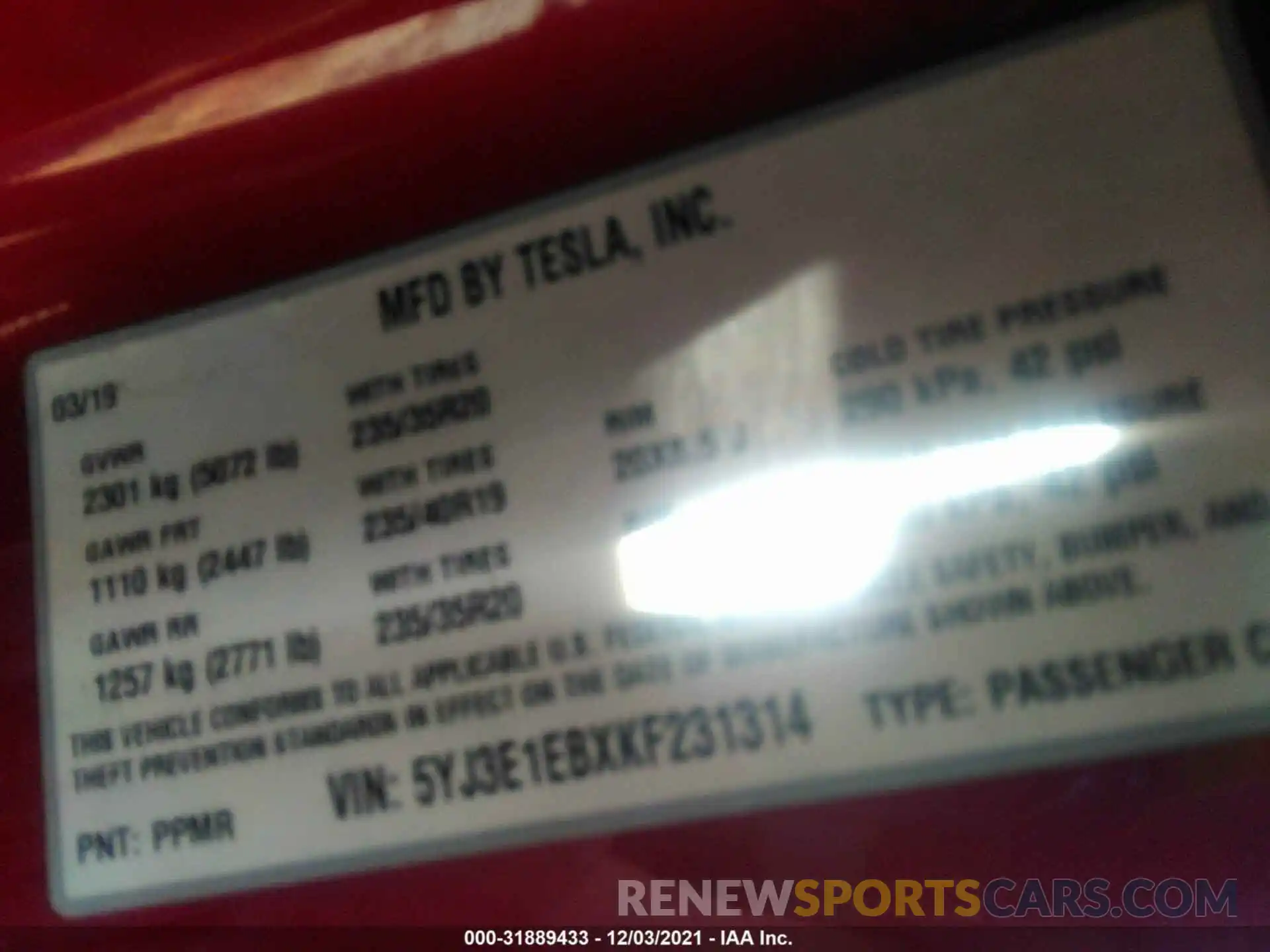 9 Photograph of a damaged car 5YJ3E1EBXKF231314 TESLA MODEL 3 2019