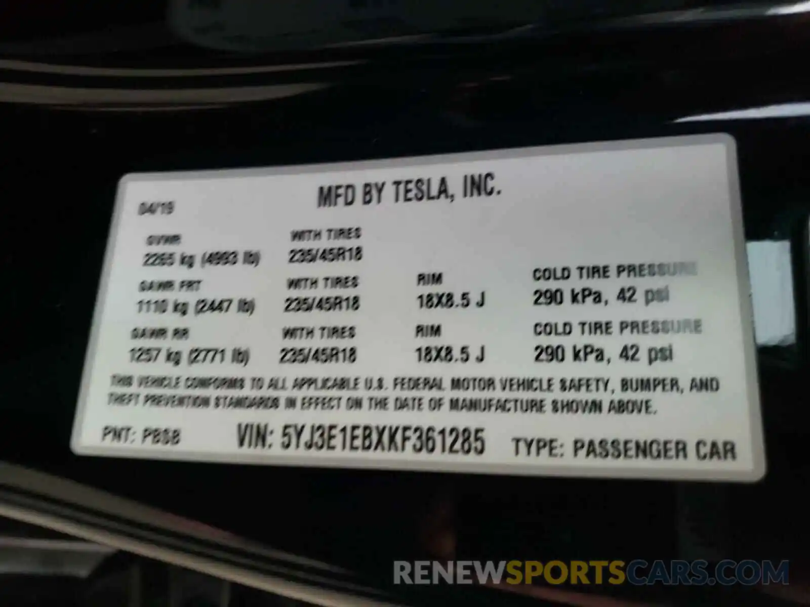 10 Photograph of a damaged car 5YJ3E1EBXKF361285 TESLA MODEL 3 2019