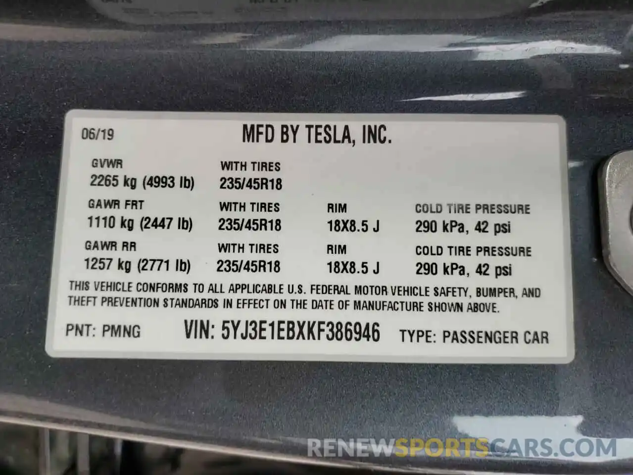 10 Photograph of a damaged car 5YJ3E1EBXKF386946 TESLA MODEL 3 2019