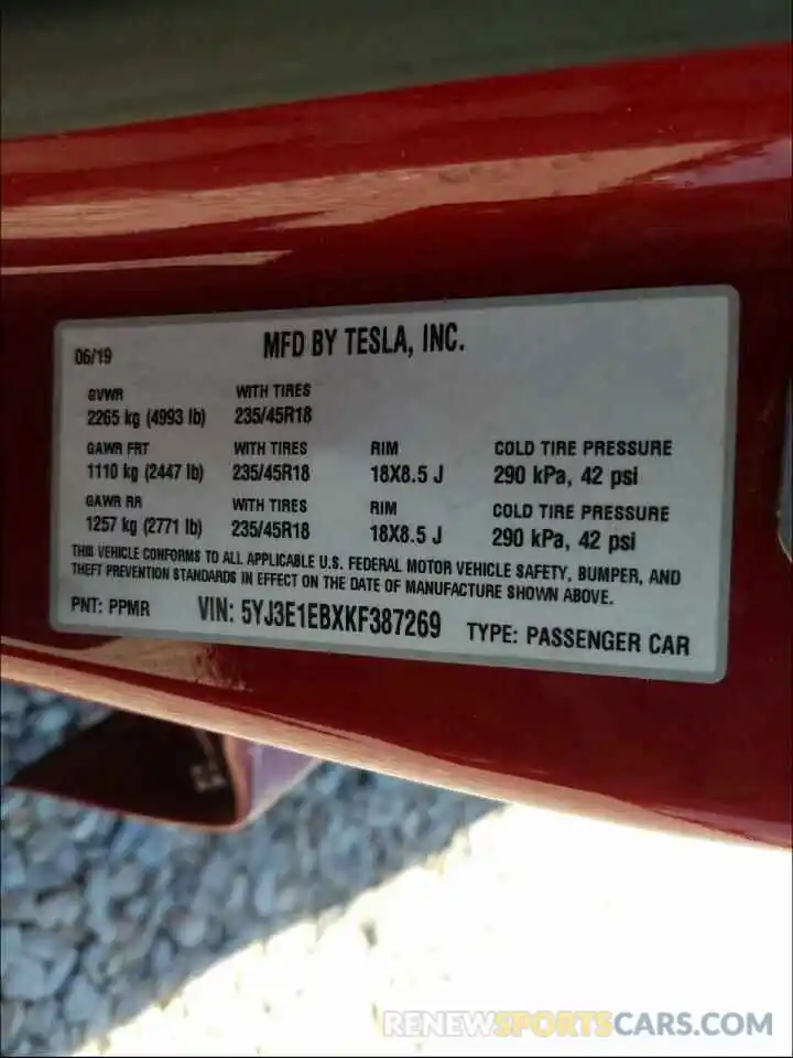 10 Photograph of a damaged car 5YJ3E1EBXKF387269 TESLA MODEL 3 2019