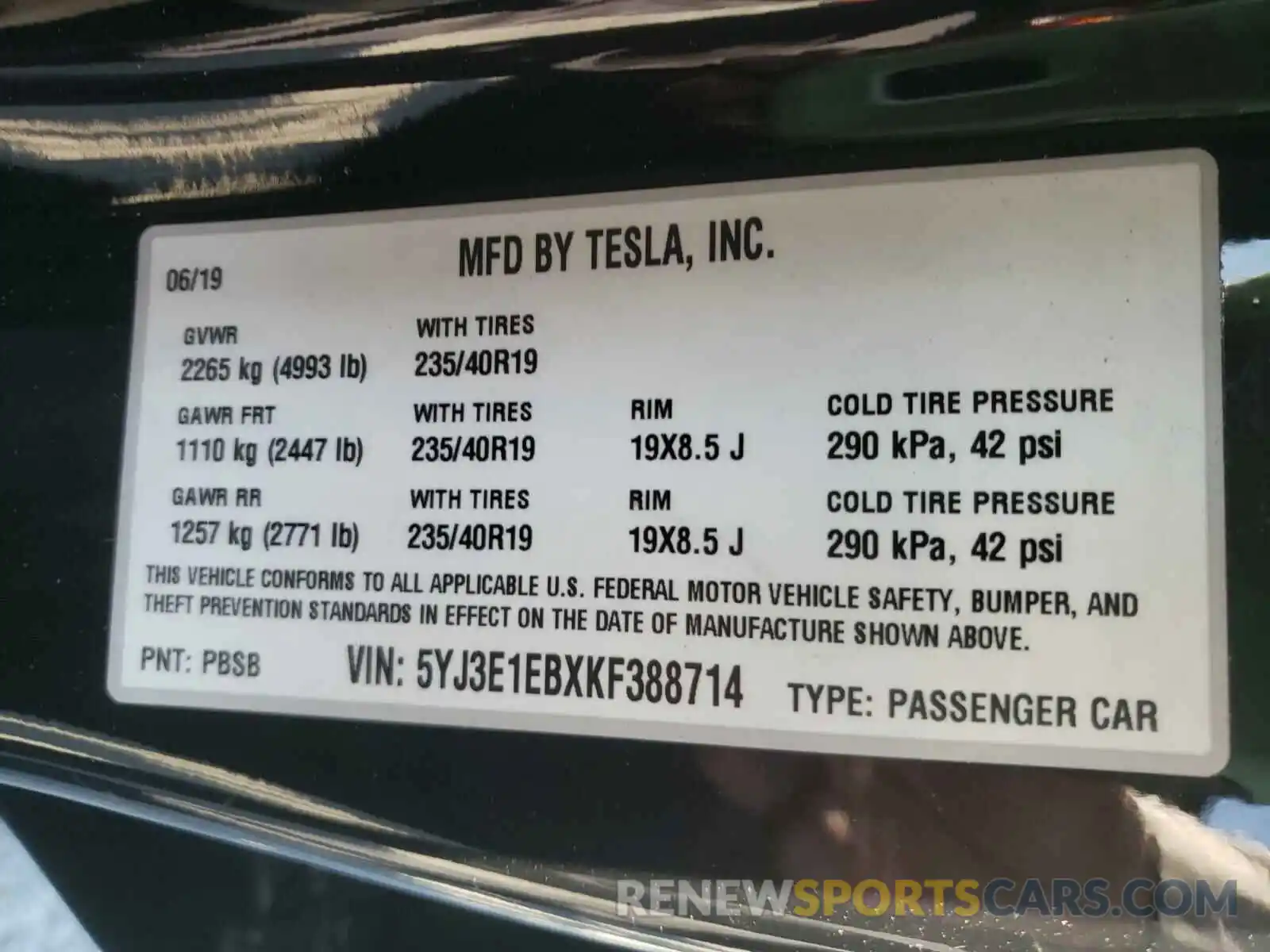 10 Photograph of a damaged car 5YJ3E1EBXKF388714 TESLA MODEL 3 2019