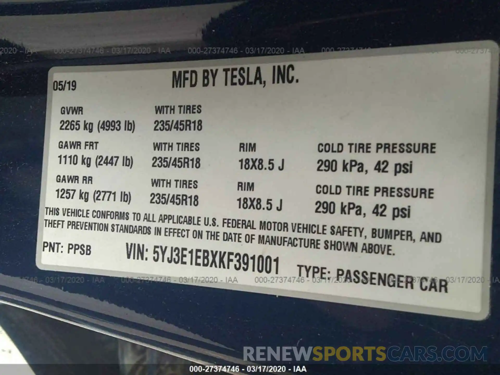 9 Фотография поврежденного автомобиля 5YJ3E1EBXKF391001 TESLA MODEL 3 2019