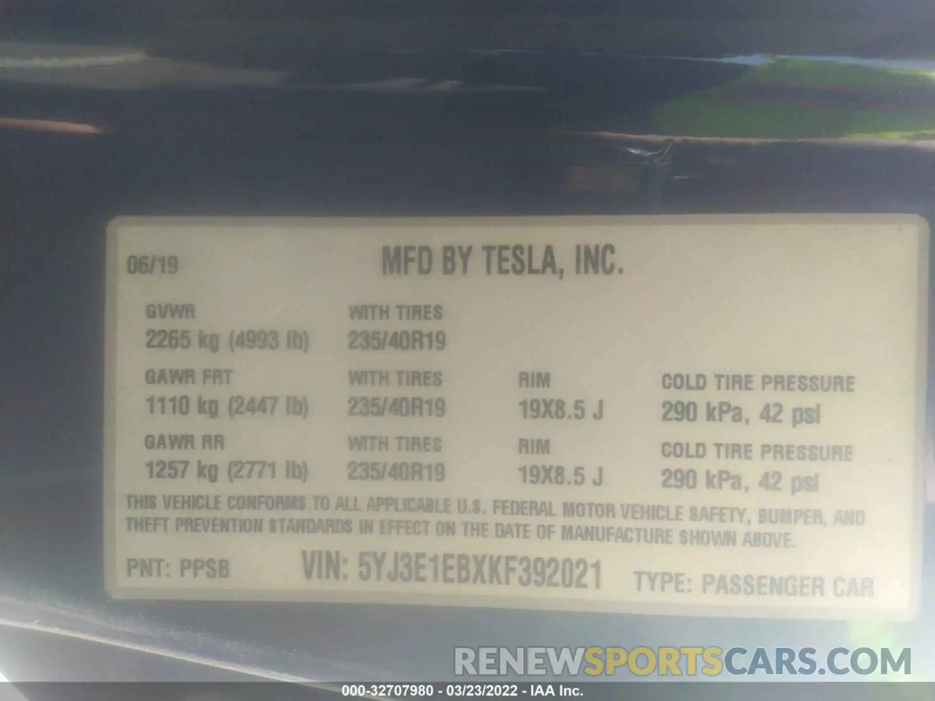 9 Photograph of a damaged car 5YJ3E1EBXKF392021 TESLA MODEL 3 2019