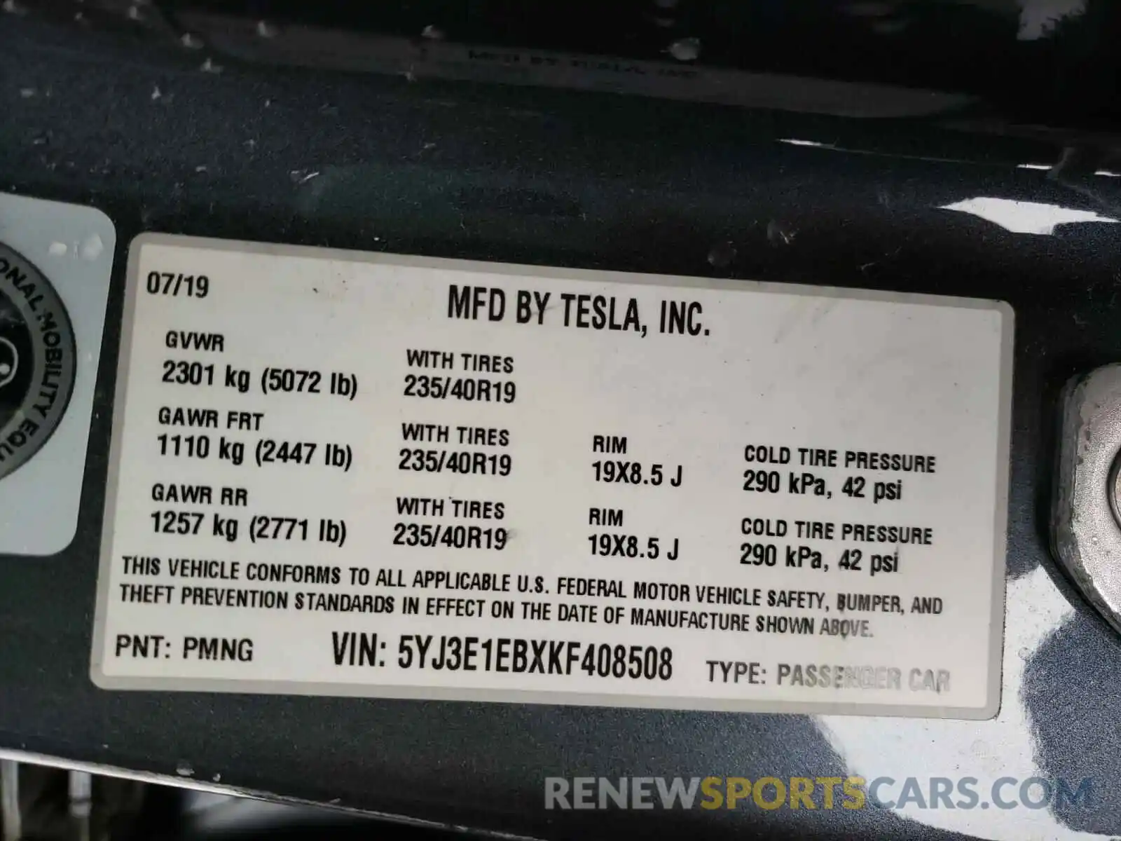 10 Photograph of a damaged car 5YJ3E1EBXKF408508 TESLA MODEL 3 2019