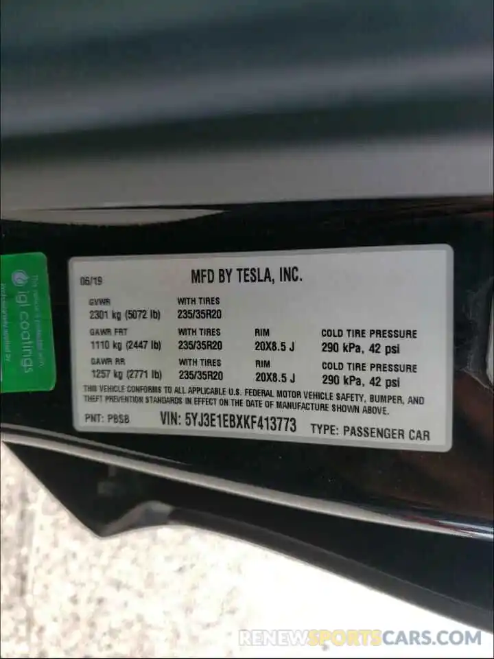 10 Photograph of a damaged car 5YJ3E1EBXKF413773 TESLA MODEL 3 2019