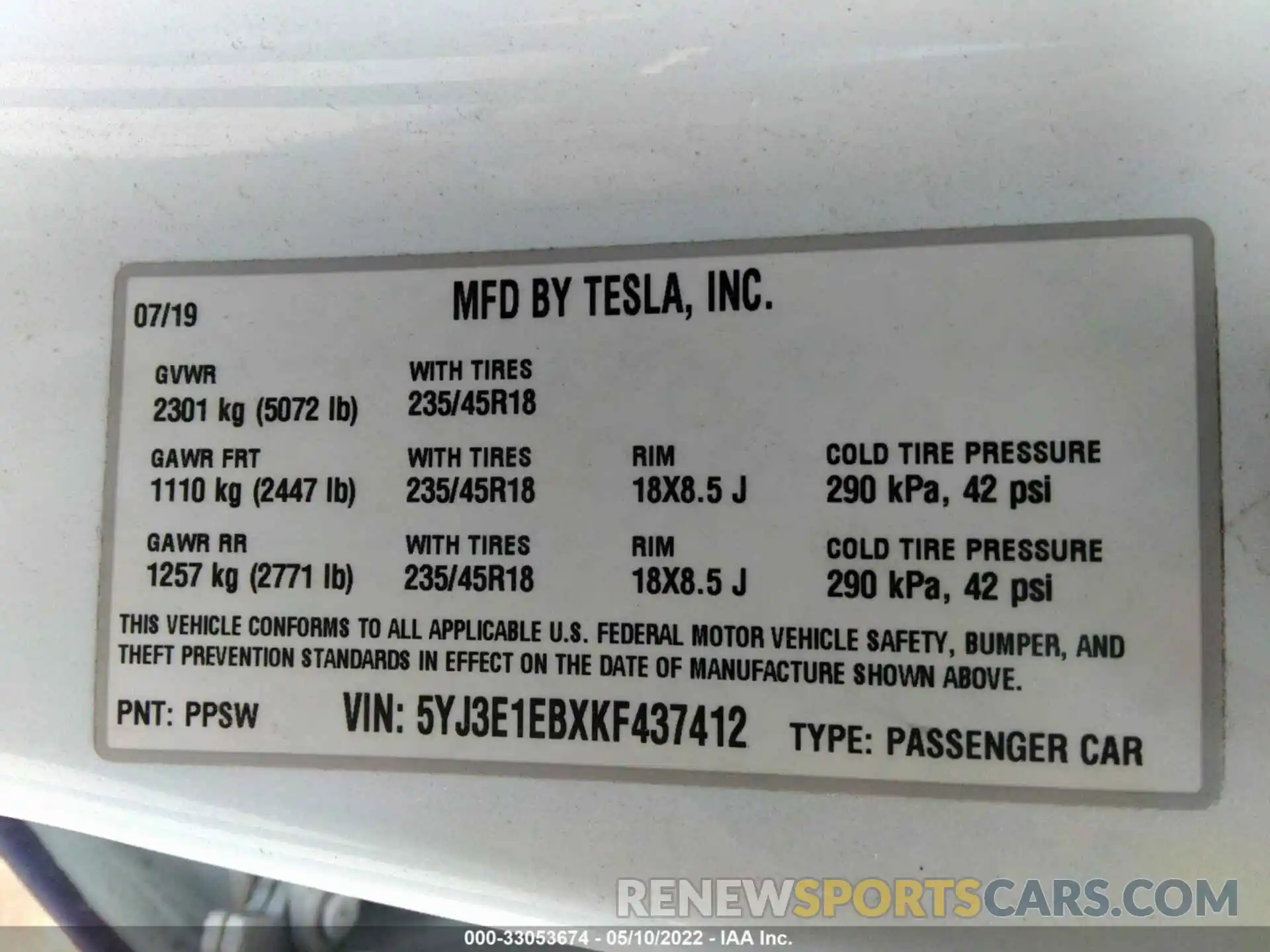 9 Фотография поврежденного автомобиля 5YJ3E1EBXKF437412 TESLA MODEL 3 2019