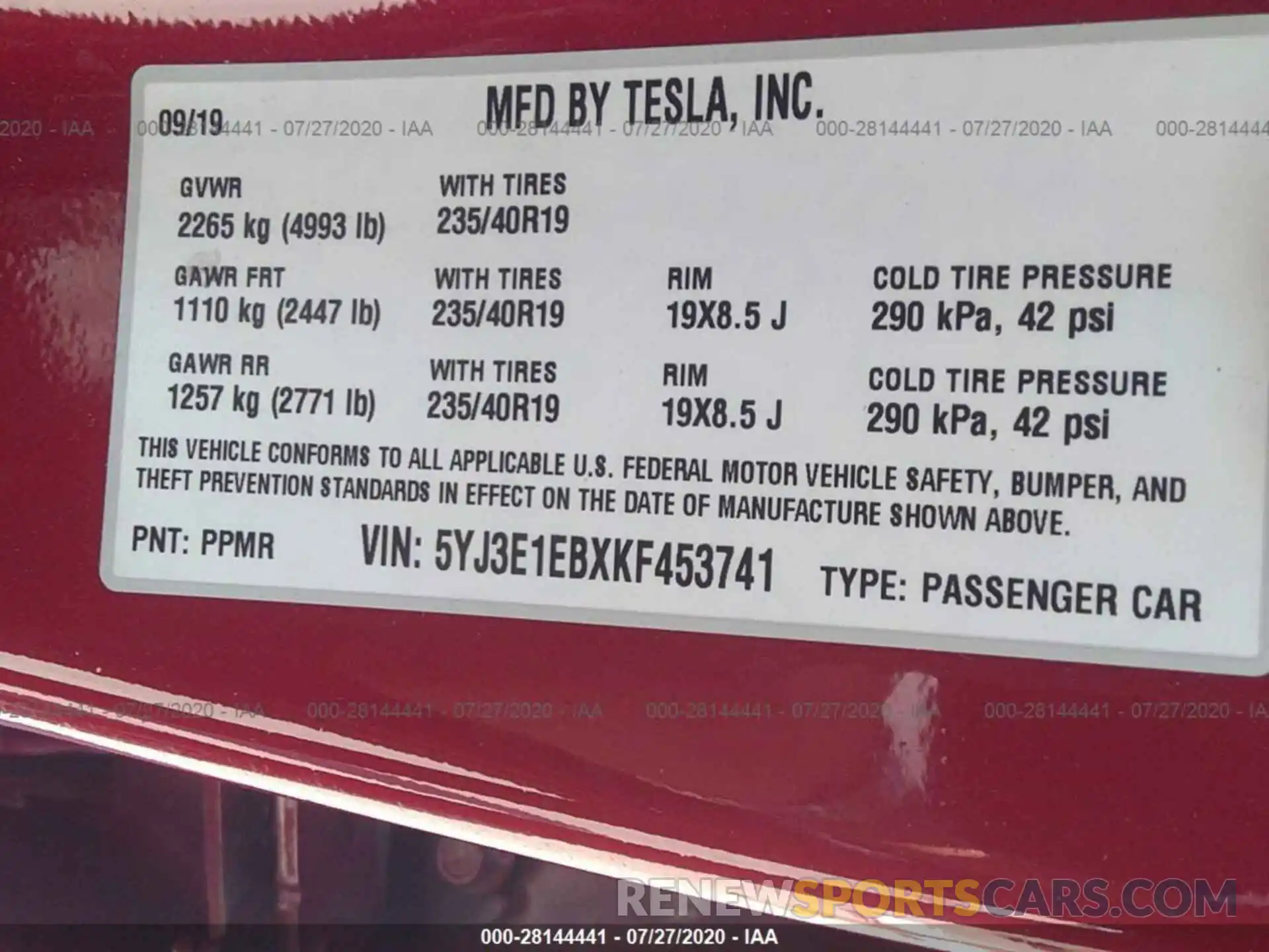 9 Фотография поврежденного автомобиля 5YJ3E1EBXKF453741 TESLA MODEL 3 2019