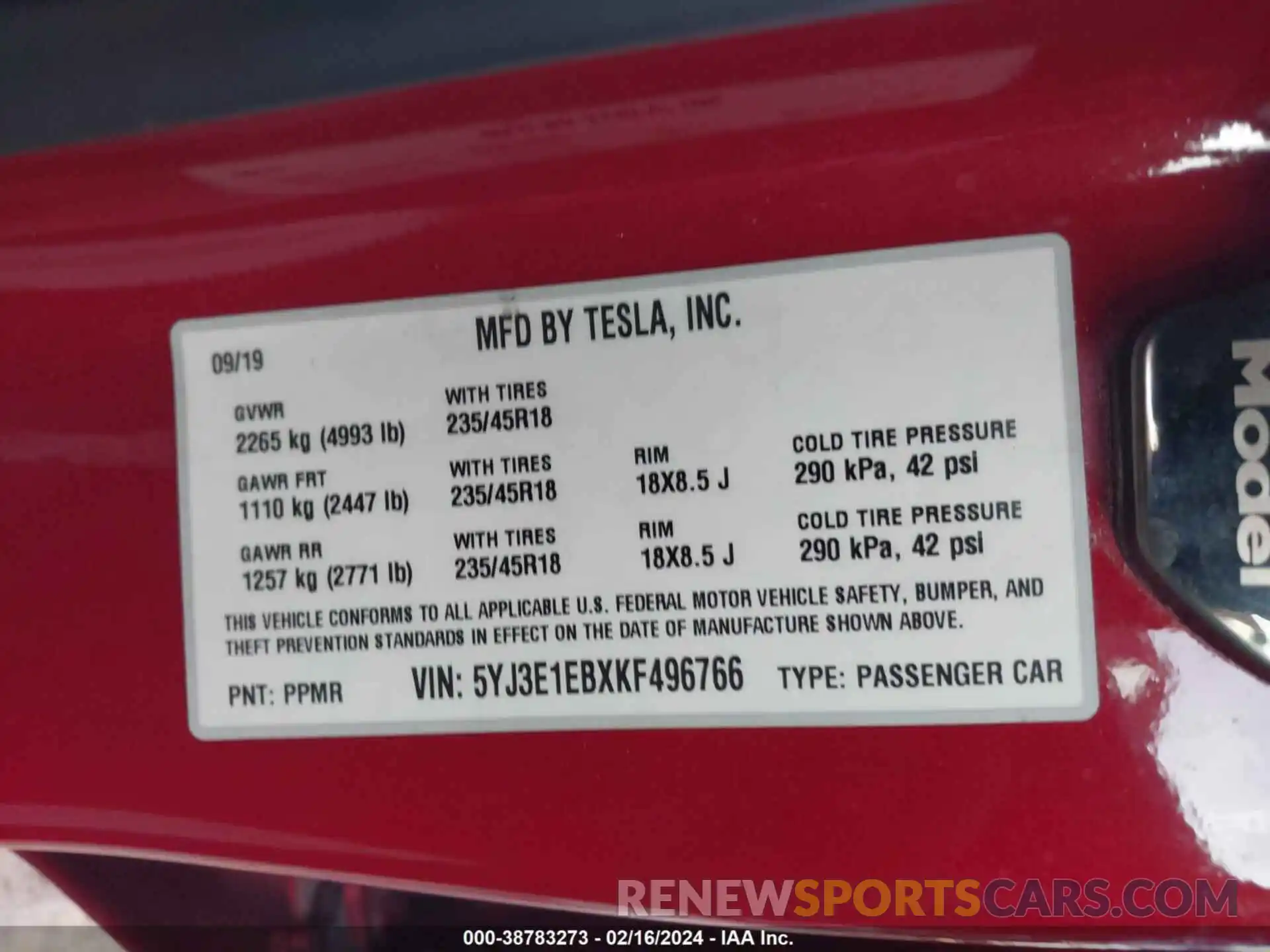 9 Photograph of a damaged car 5YJ3E1EBXKF496766 TESLA MODEL 3 2019