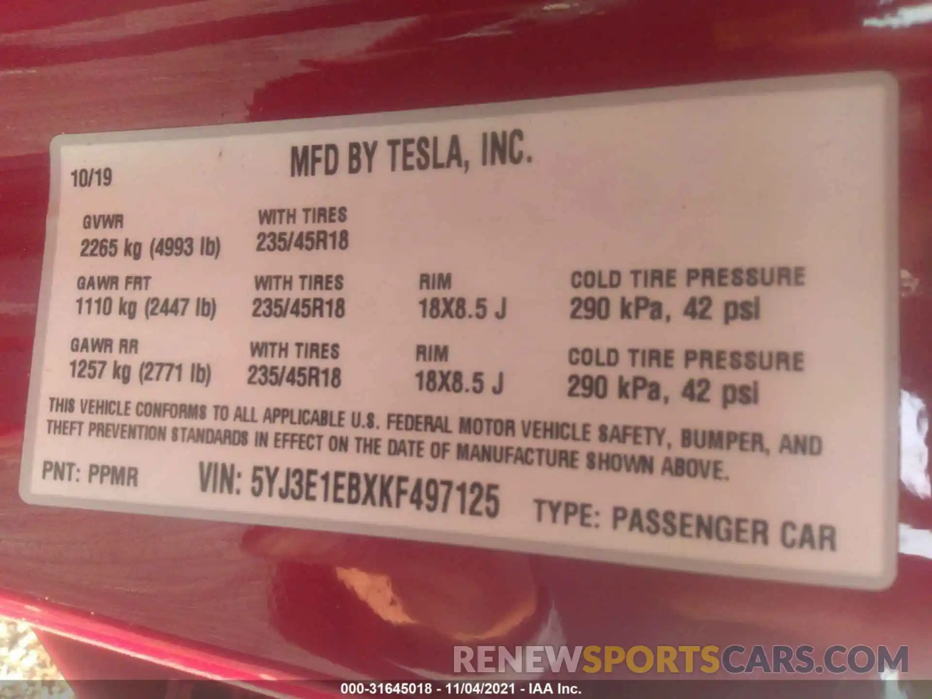 9 Photograph of a damaged car 5YJ3E1EBXKF497125 TESLA MODEL 3 2019