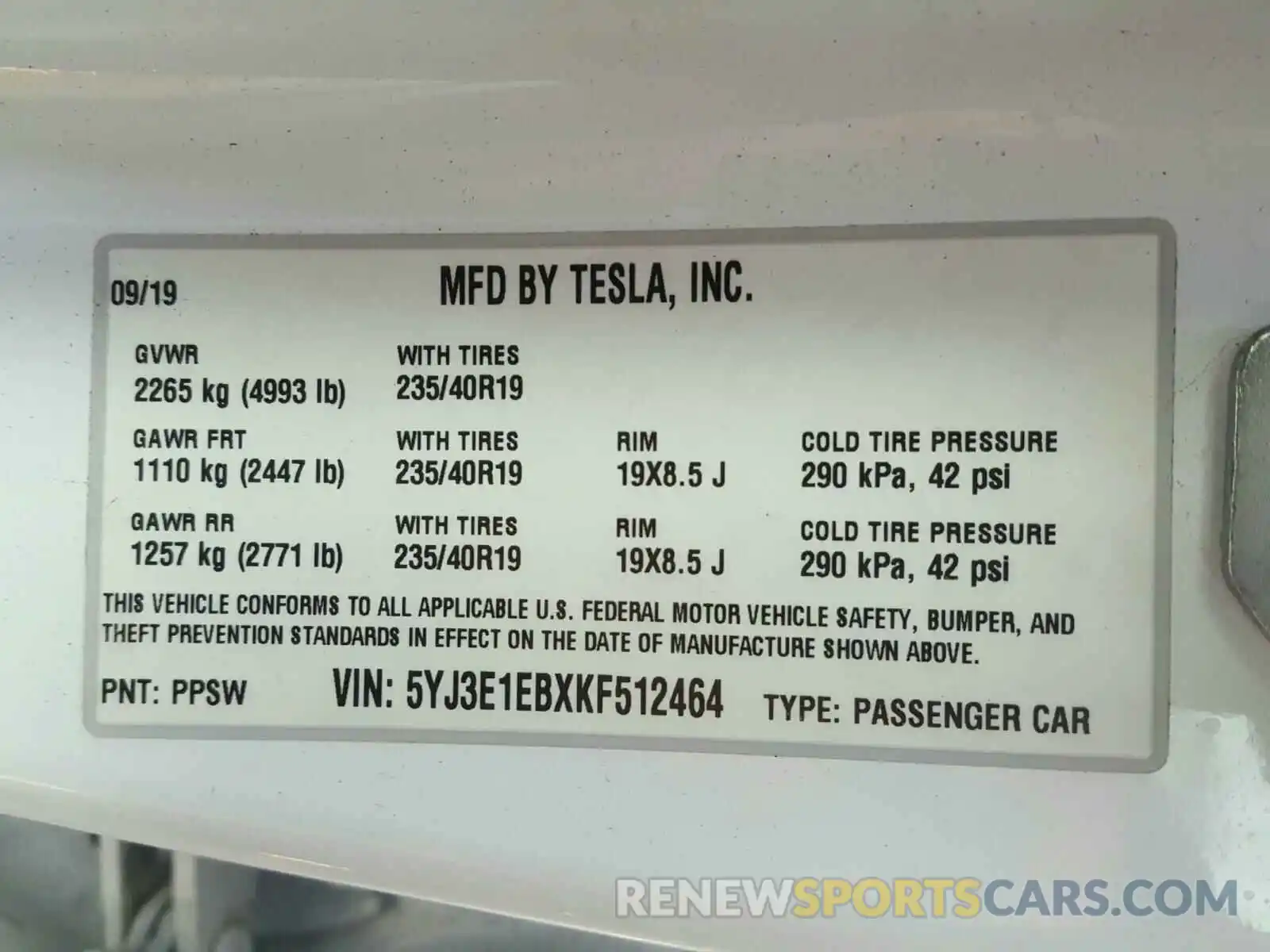 10 Фотография поврежденного автомобиля 5YJ3E1EBXKF512464 TESLA MODEL 3 2019