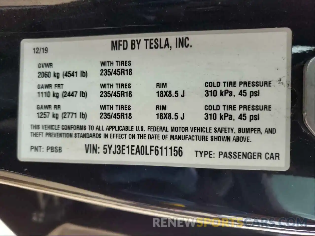 10 Фотография поврежденного автомобиля 5YJ3E1EA0LF611156 TESLA MODEL 3 2020