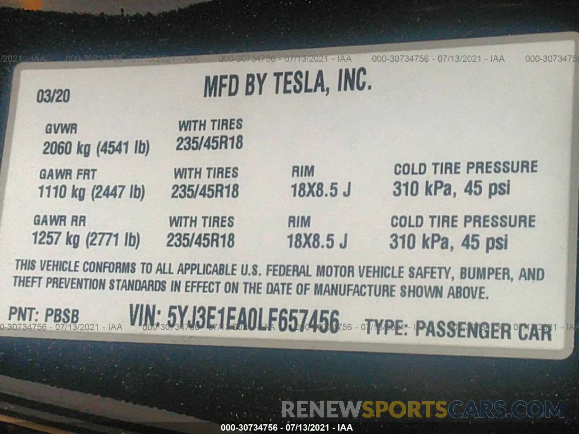 9 Фотография поврежденного автомобиля 5YJ3E1EA0LF657456 TESLA MODEL 3 2020