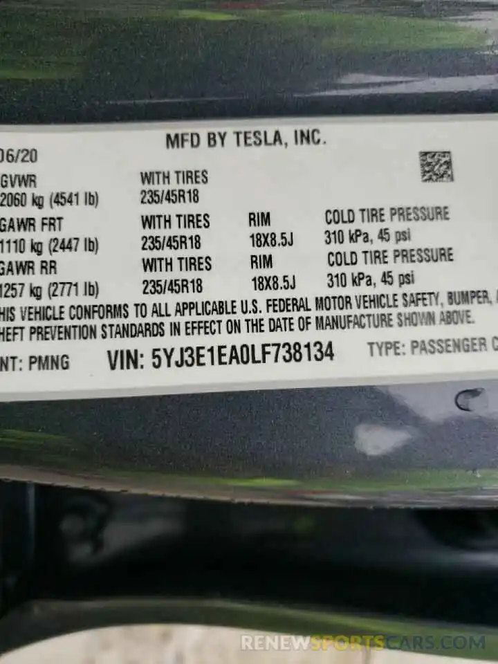 10 Photograph of a damaged car 5YJ3E1EA0LF738134 TESLA MODEL 3 2020