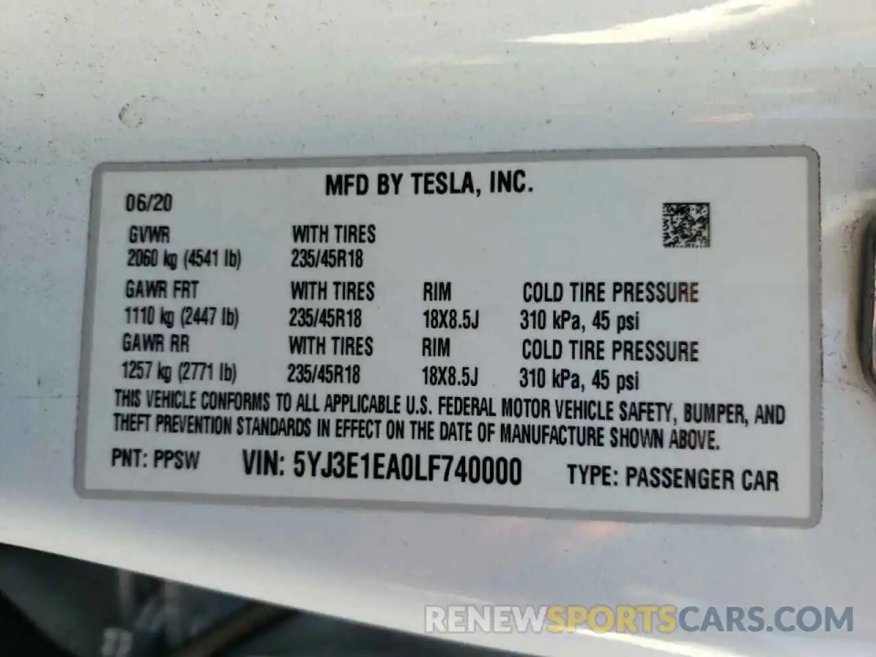 10 Photograph of a damaged car 5YJ3E1EA0LF740000 TESLA MODEL 3 2020