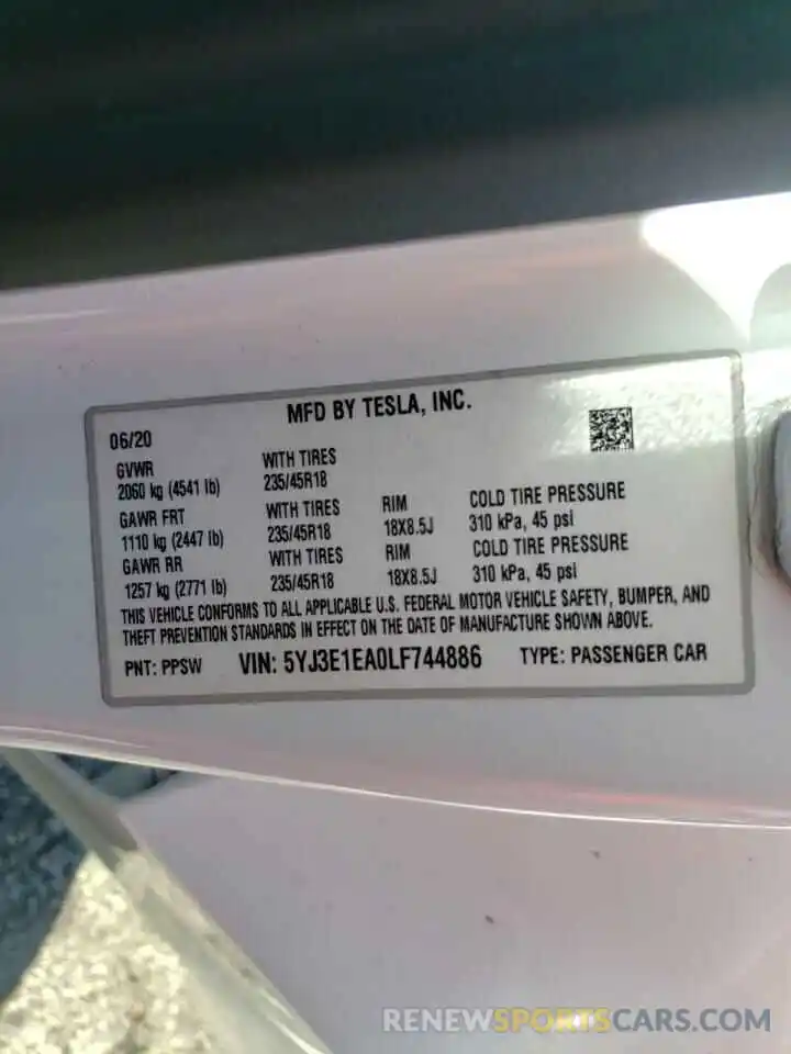 10 Photograph of a damaged car 5YJ3E1EA0LF744886 TESLA MODEL 3 2020