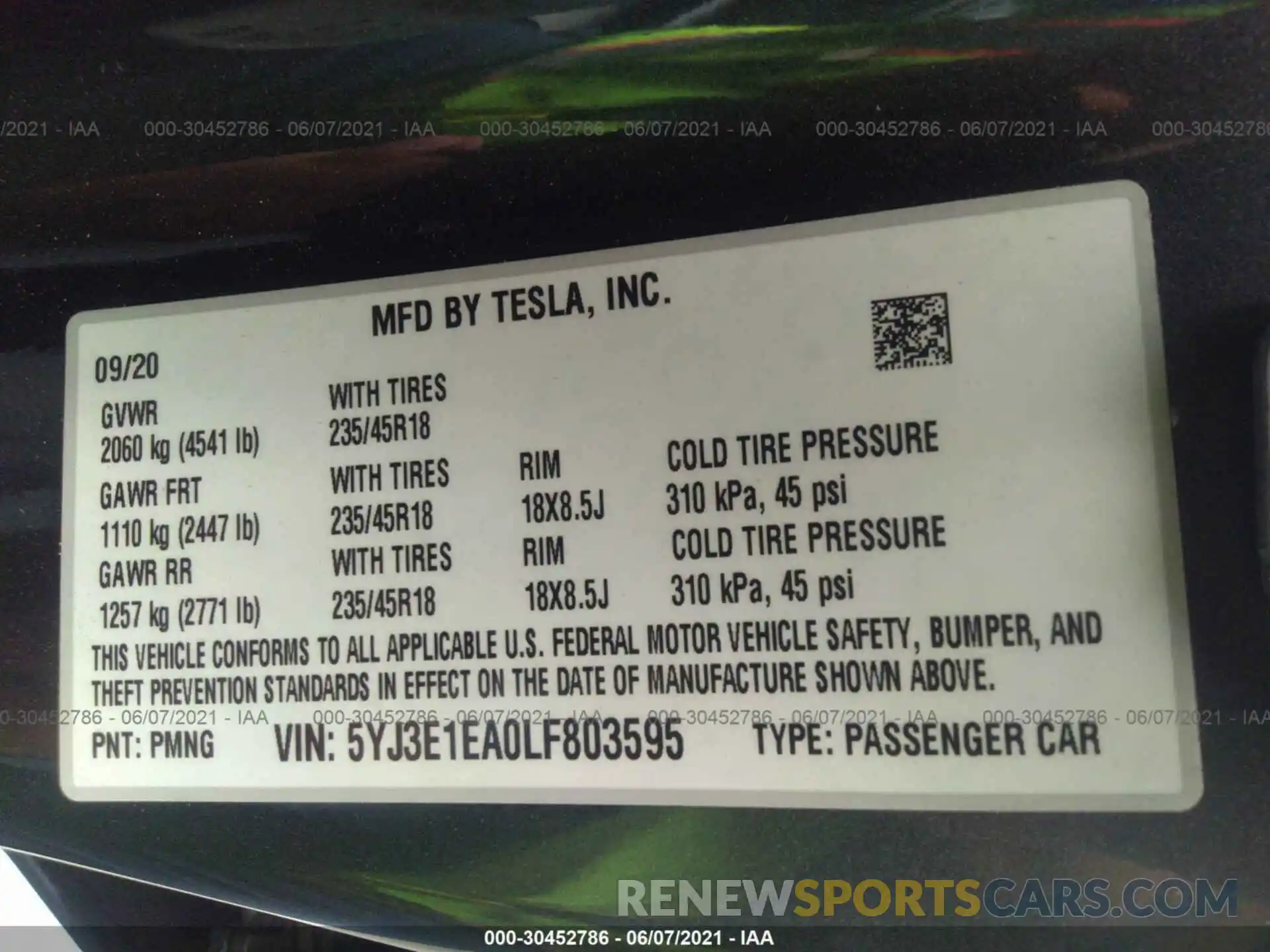 9 Photograph of a damaged car 5YJ3E1EA0LF803595 TESLA MODEL 3 2020