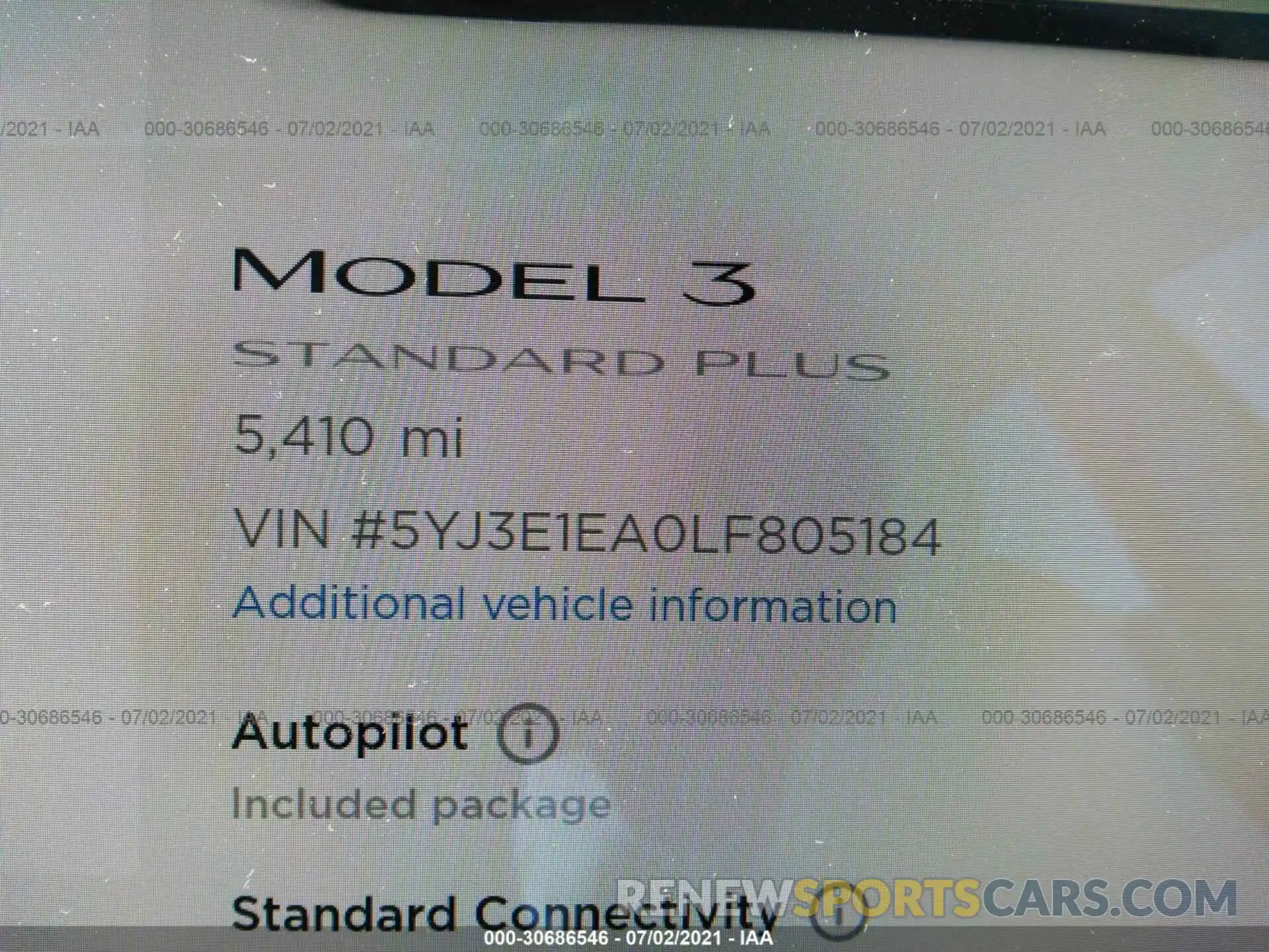 7 Фотография поврежденного автомобиля 5YJ3E1EA0LF805184 TESLA MODEL 3 2020