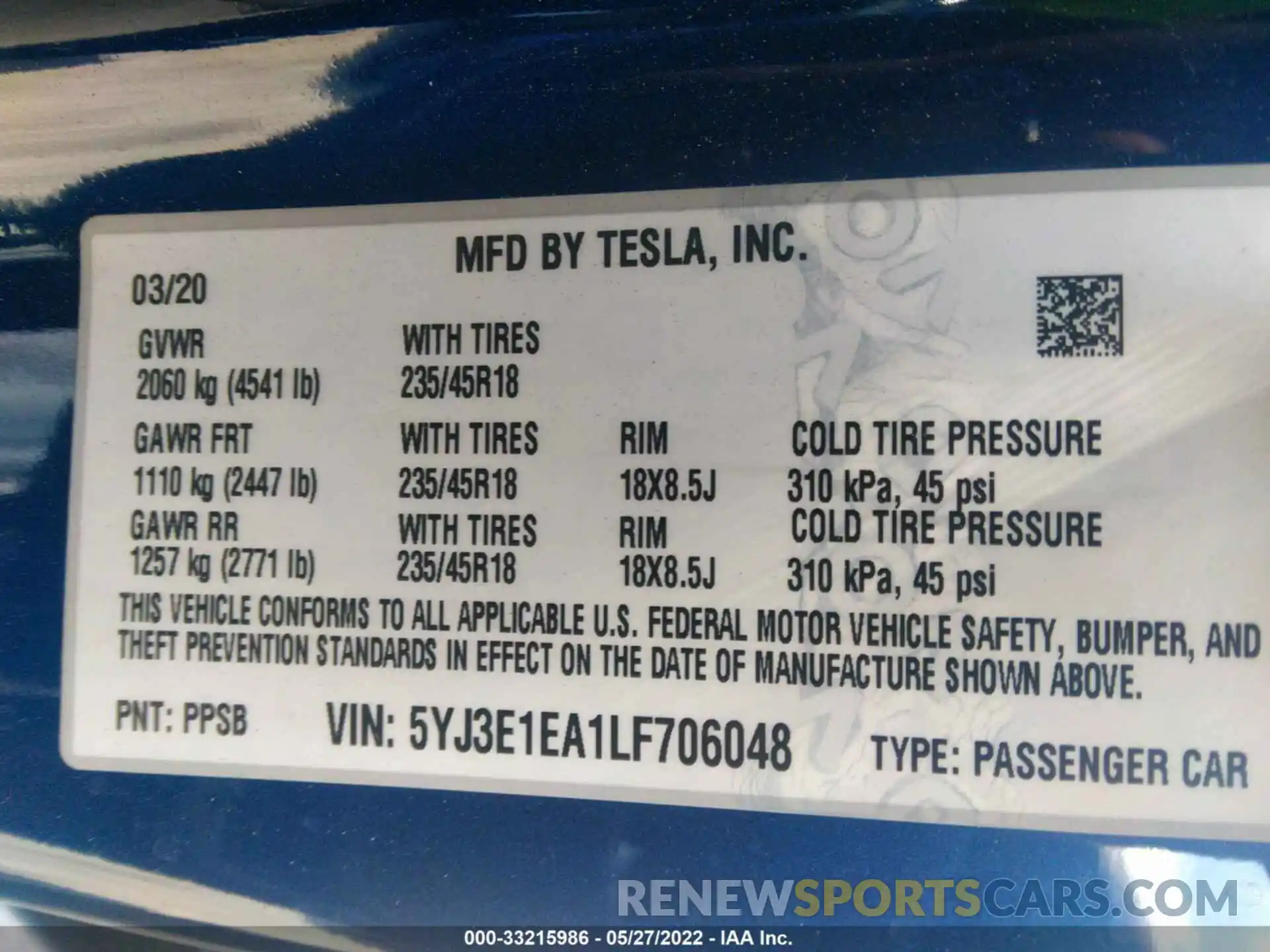 9 Photograph of a damaged car 5YJ3E1EA1LF706048 TESLA MODEL 3 2020