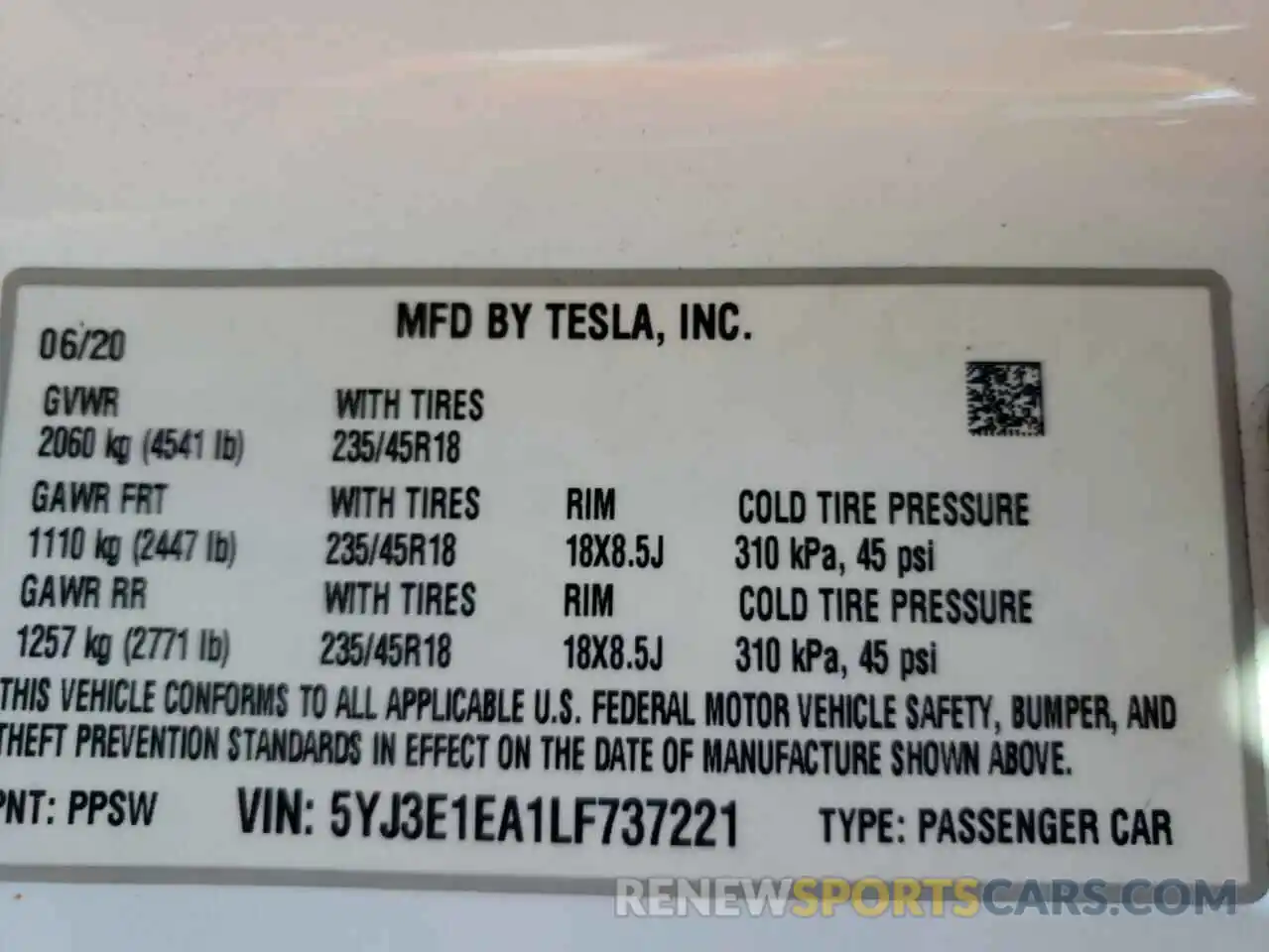 10 Photograph of a damaged car 5YJ3E1EA1LF737221 TESLA MODEL 3 2020