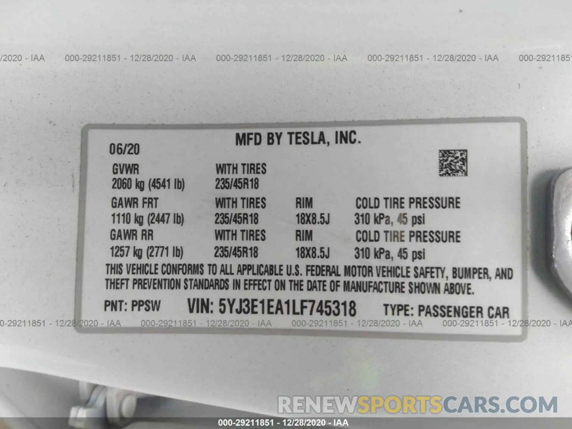 9 Фотография поврежденного автомобиля 5YJ3E1EA1LF745318 TESLA MODEL 3 2020