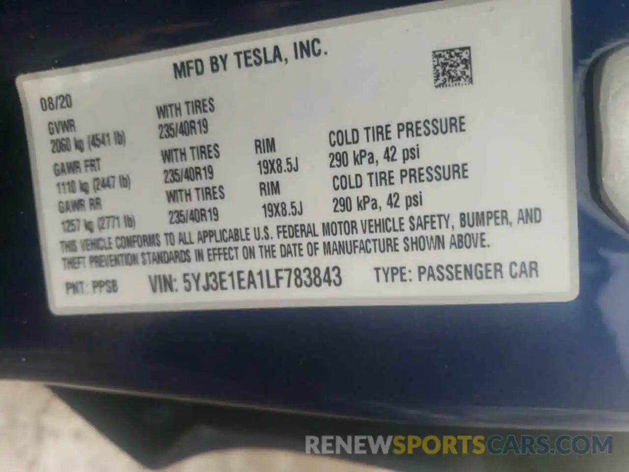 10 Photograph of a damaged car 5YJ3E1EA1LF783843 TESLA MODEL 3 2020