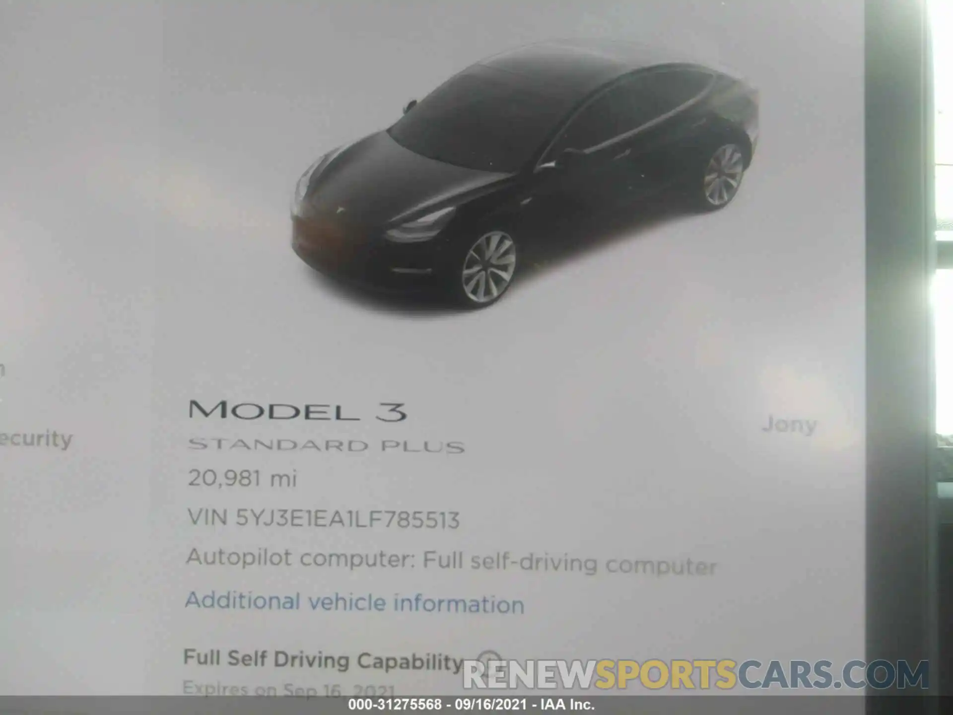 7 Photograph of a damaged car 5YJ3E1EA1LF785513 TESLA MODEL 3 2020