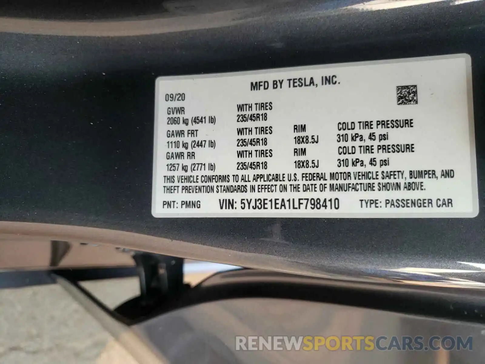 10 Photograph of a damaged car 5YJ3E1EA1LF798410 TESLA MODEL 3 2020